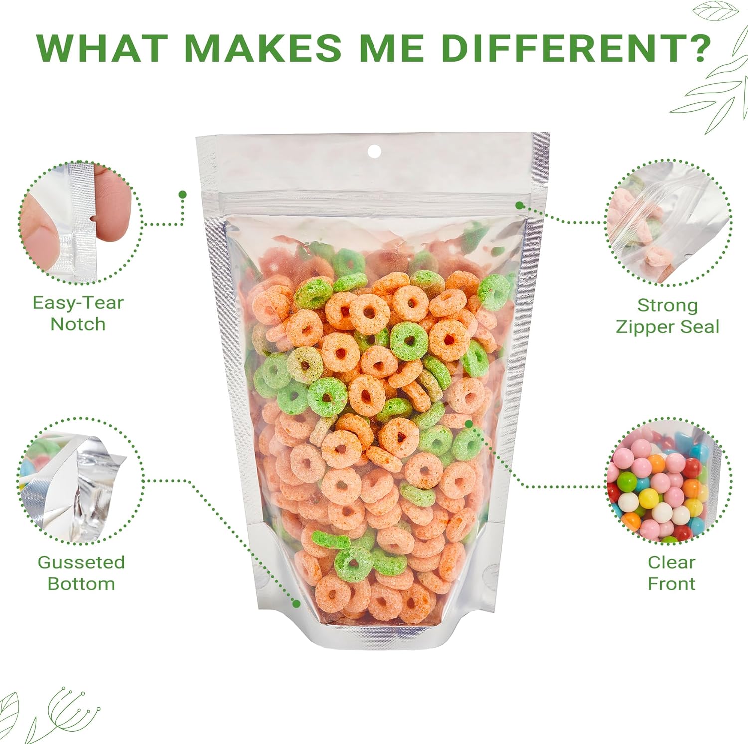 100 Pack 6" x 9" Clear/Silver Resealable Stand Up Pouch Bags Mylar Food Packaging with Clear Window and Tear Notches