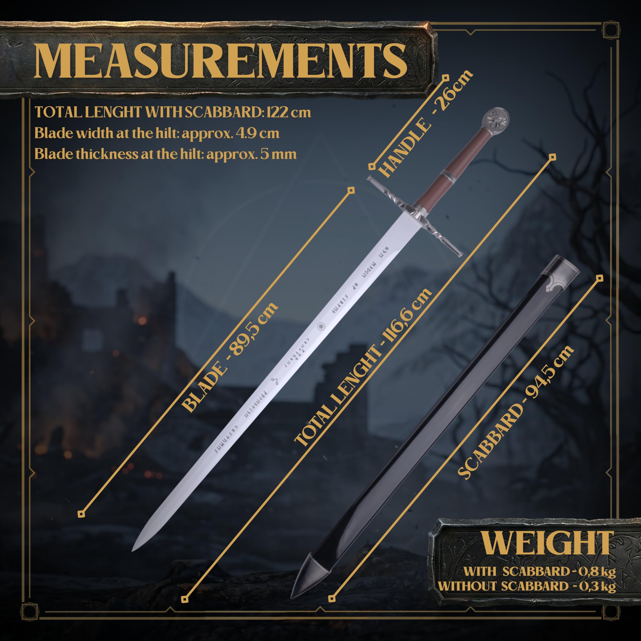 57 SPECIAL REPLICAS Espada medieval de bambú de 122 cm de longitud – Inspirada en The Wittcherr – Espadas para cosplay, LARP y fiesta de carnaval de disfraces – Decoración de pared sin bordes afilados