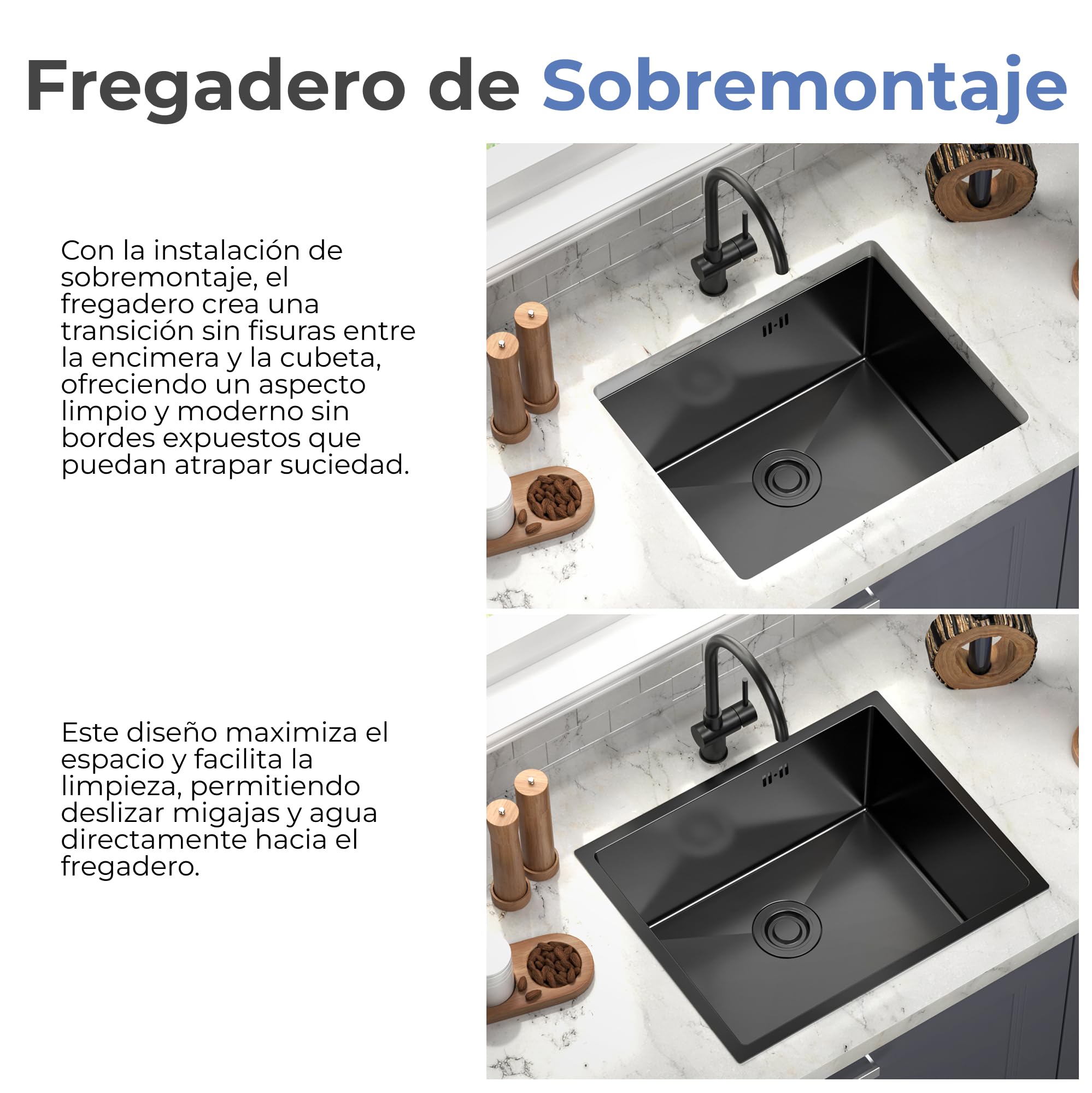 ANW HOME Fregadero Cocina 1 Seno 54x44 cm, Grafito PVD