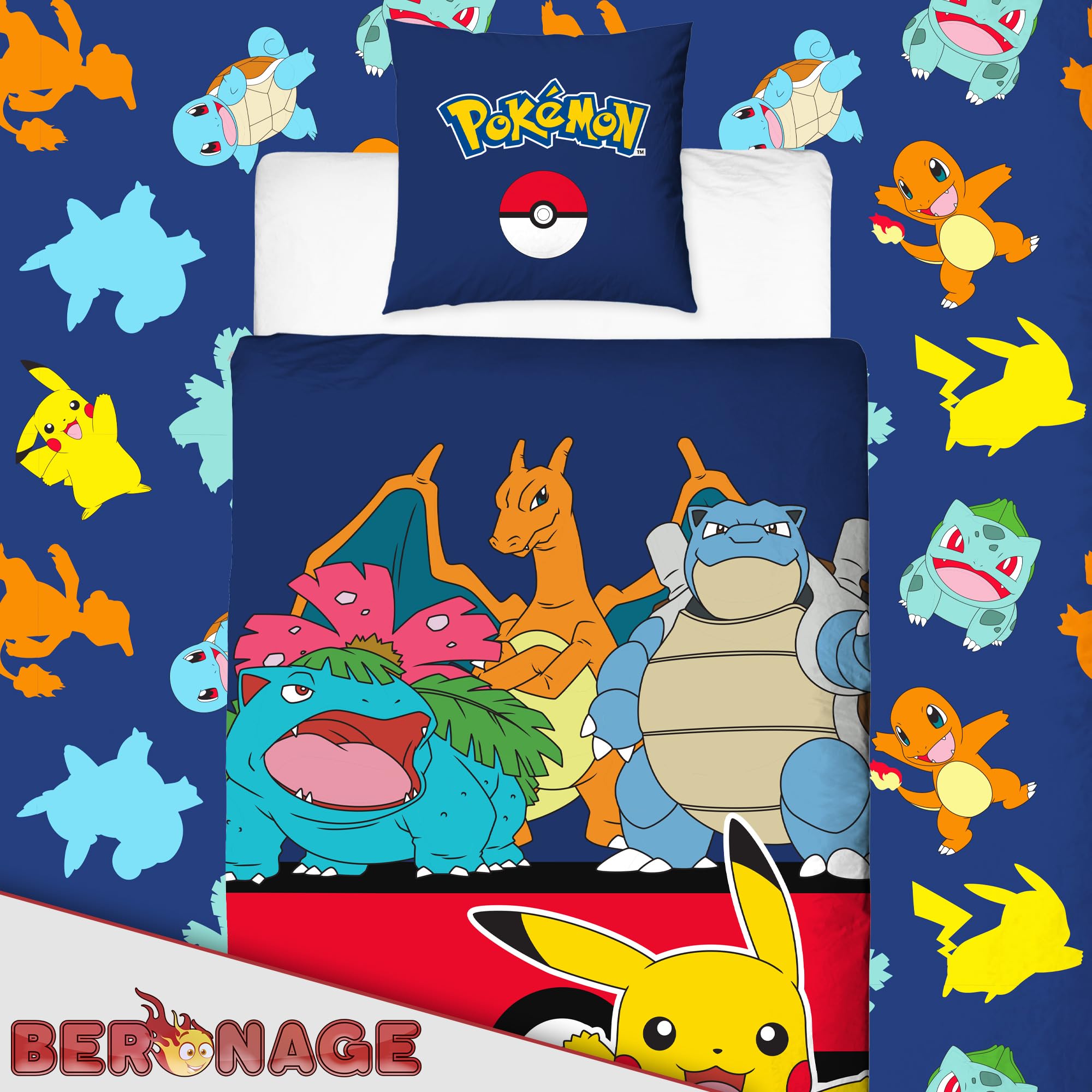 Pokemon Kinder Wende-Bettwäsche Pikachu Glurak Bisaflor Turtok 135x200 cm + 80x80 cm 100% Baumwolle Renforcé-Linon Pokémon Kanto Starter Nintendo Anime Gaming Deutsche Größe