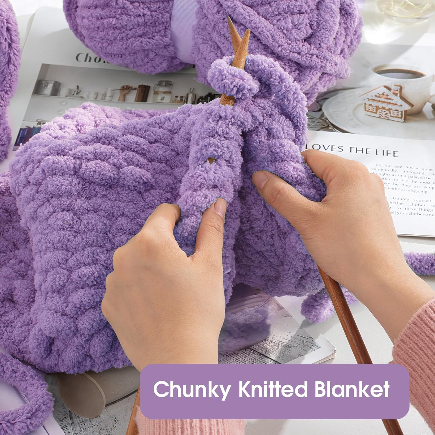HOMBYS Purple Chunky Chenille Yarn for Hand Knitting,Fluffy Soft Jumbo Yarn Crocheting,Super Bulky Big Yarn for Chunky Blanket,Large Thick Arm Knitting Yarn,8 Pack Plush Yarn