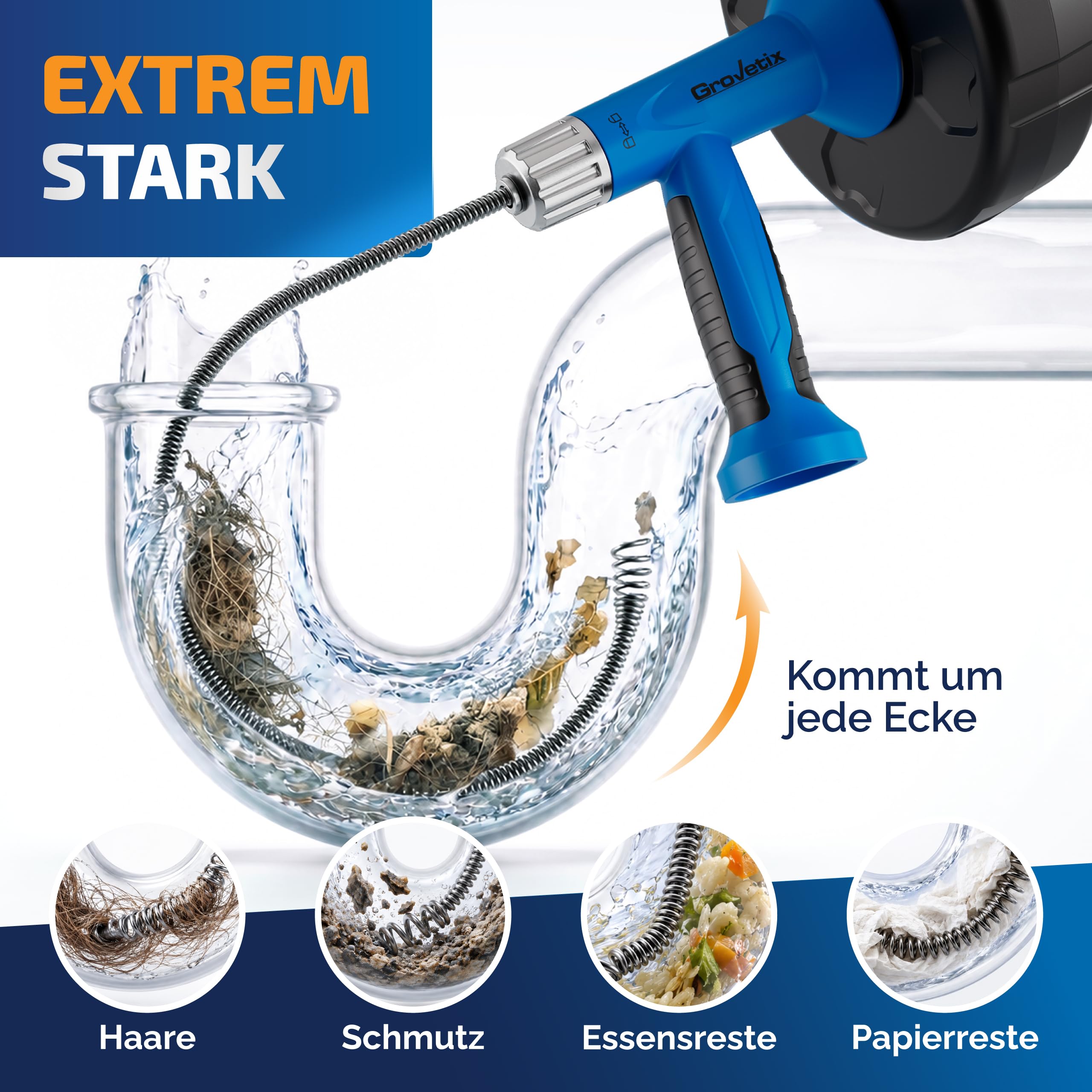 Rohrreinigungsspirale - 7,5m - Mit Bohraufsatz - Abflussreiniger spirale - Extra starke Federstahlspirale für Küche, Bad & Dusche