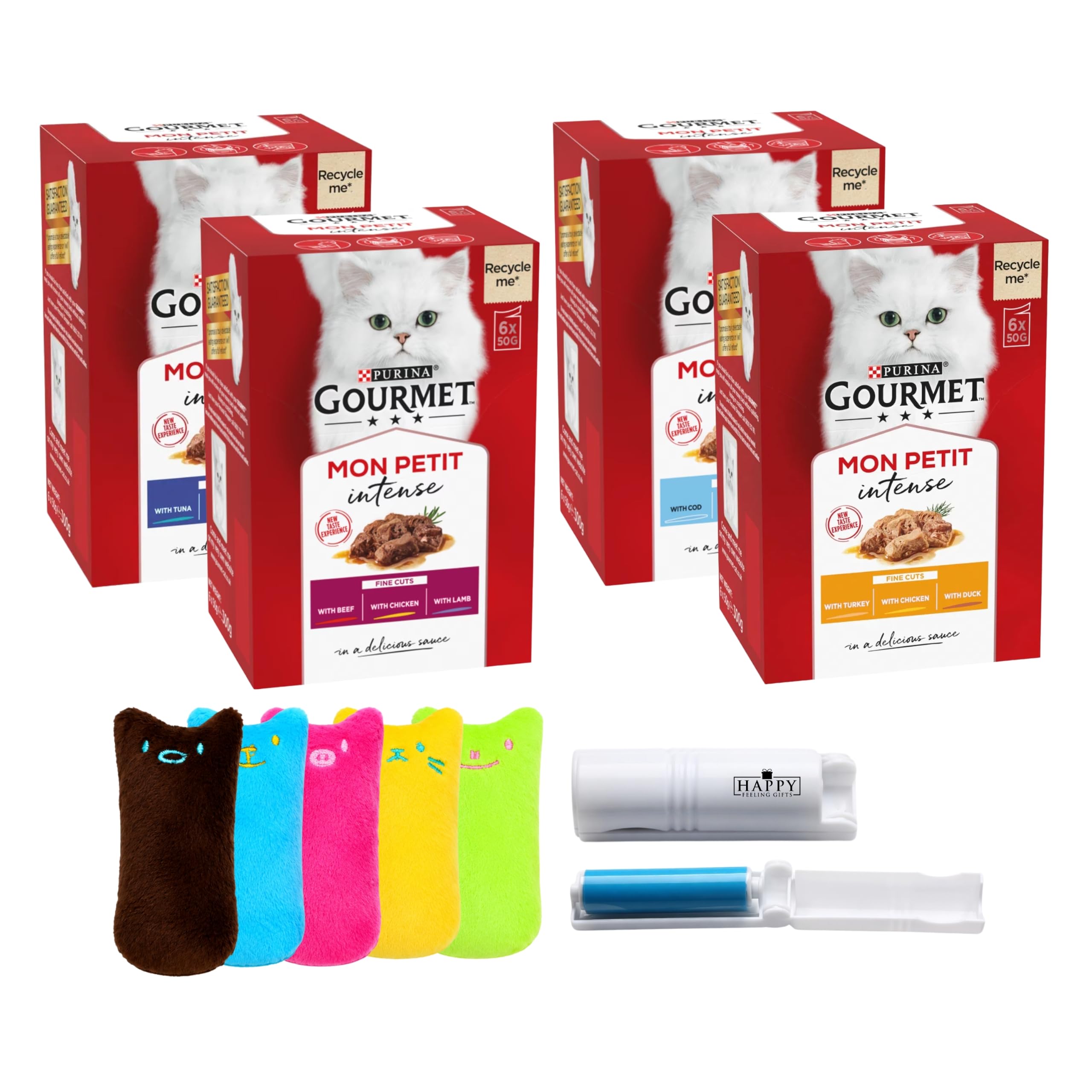 Happy Feeling Gifts Wet Cat Food Variety Pack - Created With 24 Gourmet Mon Petit Intense Cat Food Pouches in Sauce for Fussy Adult Cats, Fish, Meat & Poultry - Plus Catnip Toy & Lint Roller