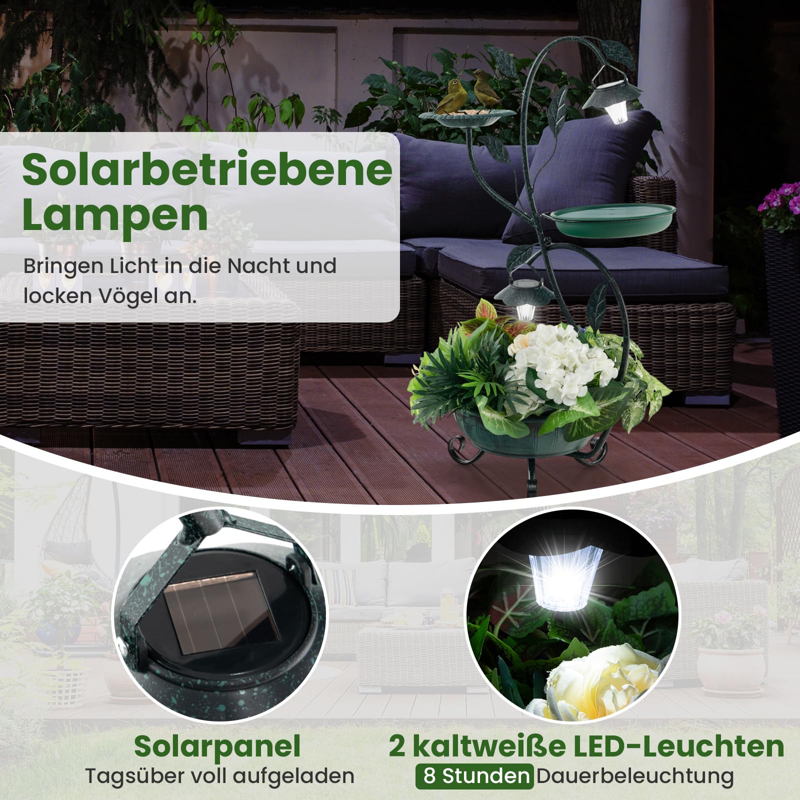 COSTWAY Vogelbad met solarlamp, voederdispenser, bloempot, met decoratieve lotus en bladeren, metaal, vogelvoederstation, decoratie, voor wilde vogels, tuin, binnenplaats, 79 cm hoog (brons