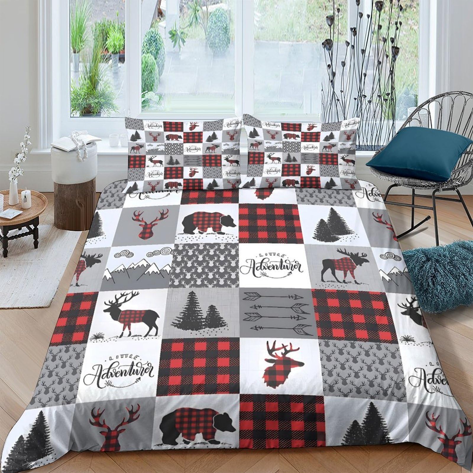 Ctjqhvkz Style-10 3D Printed Plaid Moose Fitted Sheet Microfiber Soft Breathable Forest Bear Mattress Cover For Bedroom Lodge Decor Single（135X200cm）