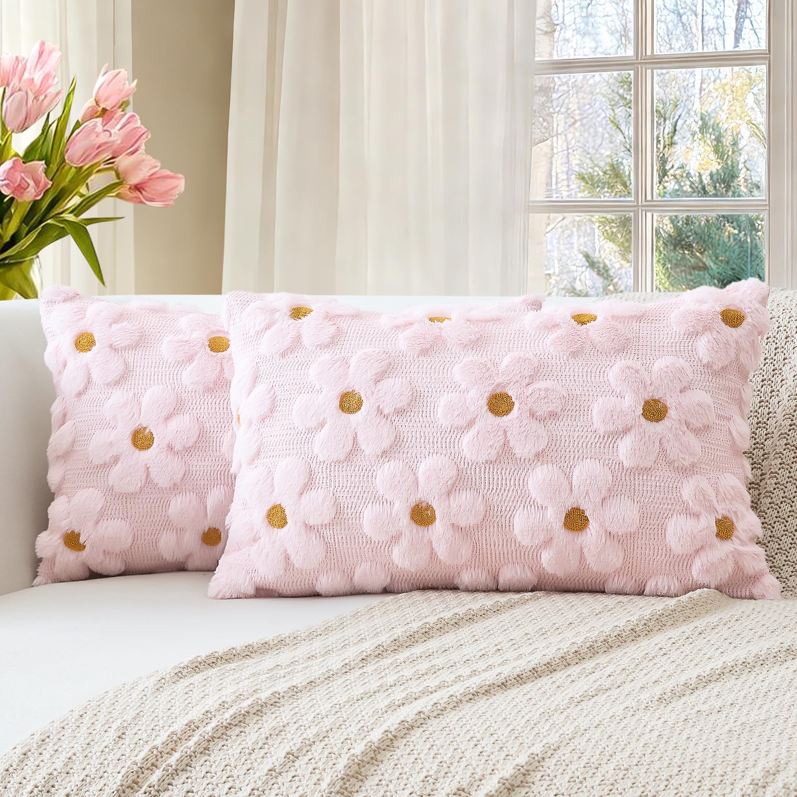 Artscope Spring Summer Cushion Covers Set of 2 Flowers Throw Pillow Covers for Sofa 30x50cm Lumbar Seasonal Soft Plush Short Wool Velvet Cushion Case Holiday Decor Pink โ image 1