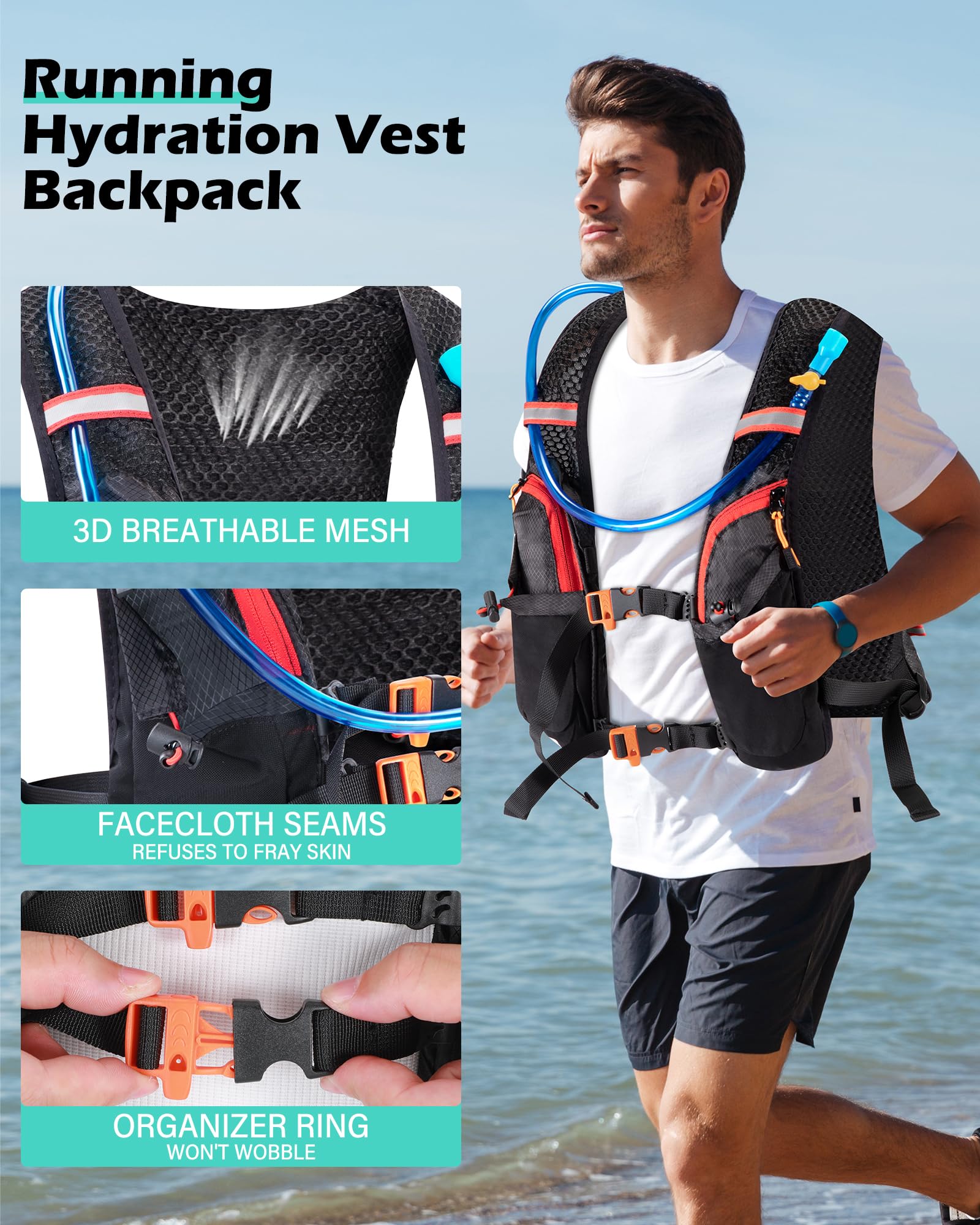 Running Vest Hydration Backpack with 2L Water Bladder, Ideal for Men and Women in Cycling, Hiking, and Outdoor Activities Lightweight Breathable Mesh, Adjustable Straps, Night Reflective Tech Black