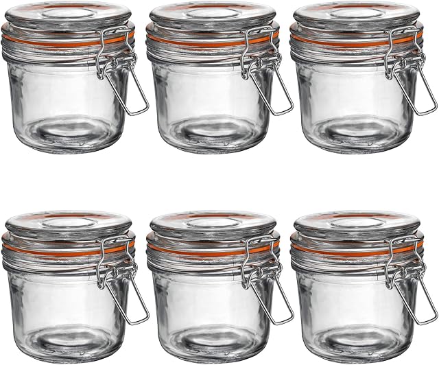 3X 350ml (0.35 Litre) Clear Glass Storage Jars with Orange Airtight Silicone Seal and Metal Clip Lids - 12.3oz Empty Kitchen Containers - by Argon Tableware