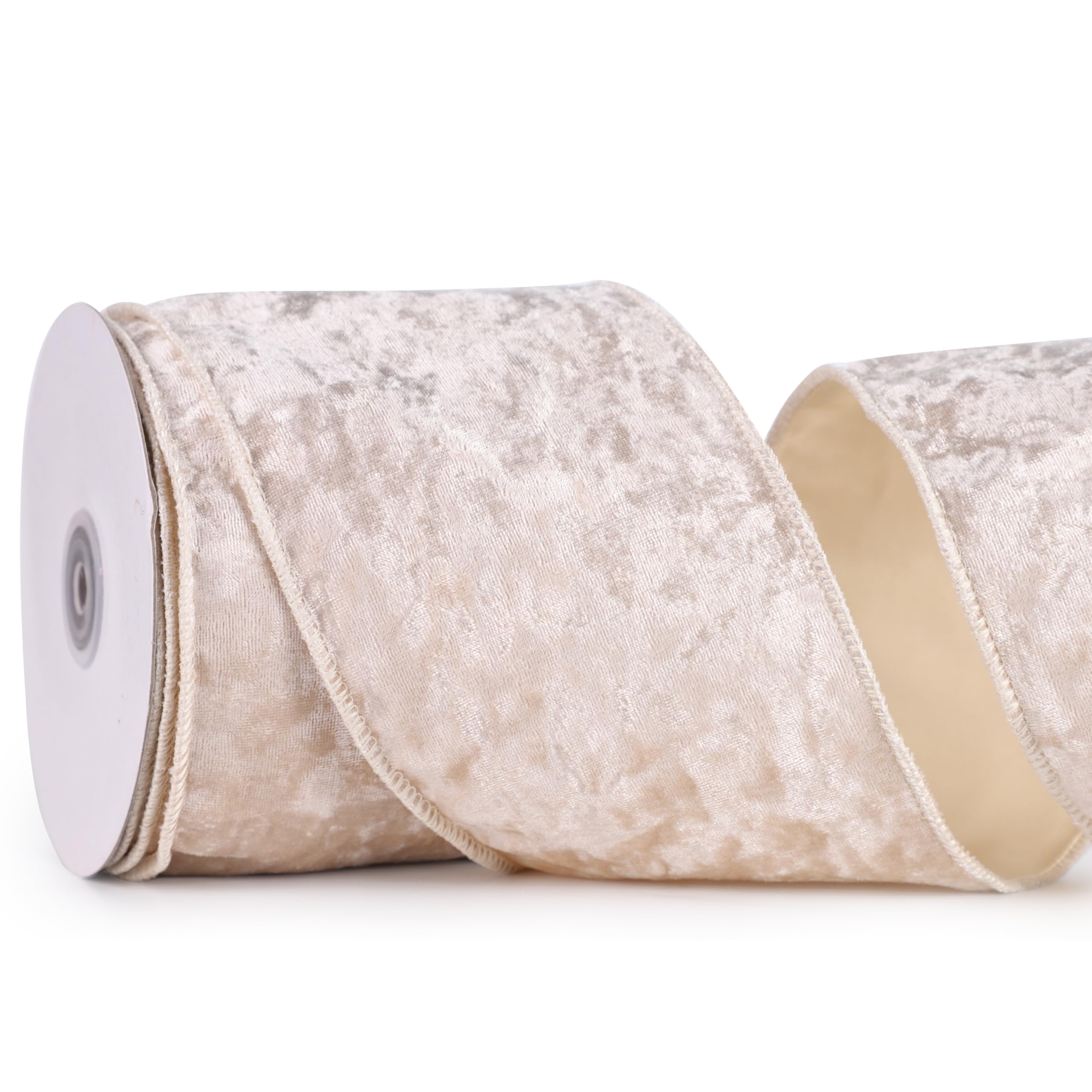 MAYREEL Crushed Velvet Ribbon Wired 4" x 10 Yards Extra Wide Christmas Wired Edge Ribbon Ivory for Gift Wrapping Wreath Tree Topper Bow Making Crafts