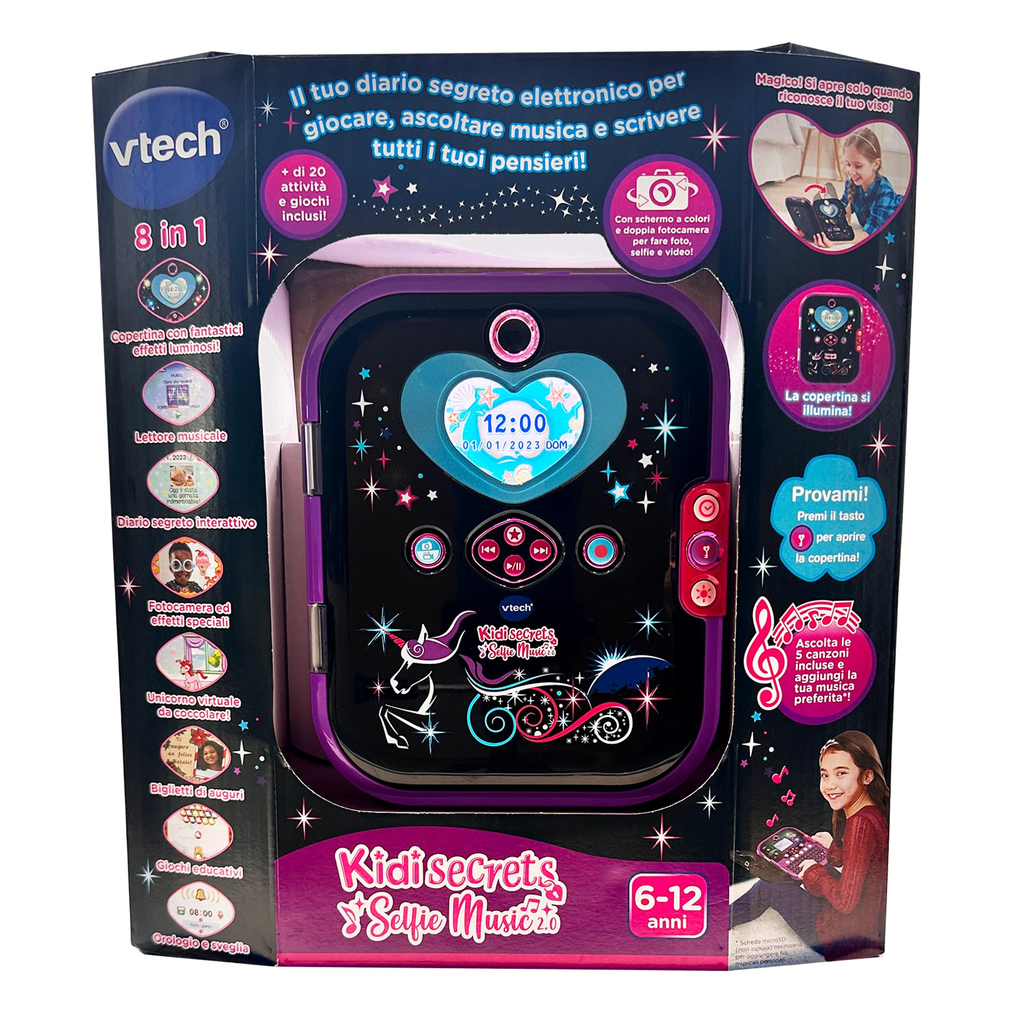 VTech KidiSecrets Selfie Music 2.0 Black Version, interaktives geheimes Tagebuch für Kinder mit Dual-Kamera und MP3, elektronisches Tagebuch mit Tastatur, italienische Sprache, Batterien im