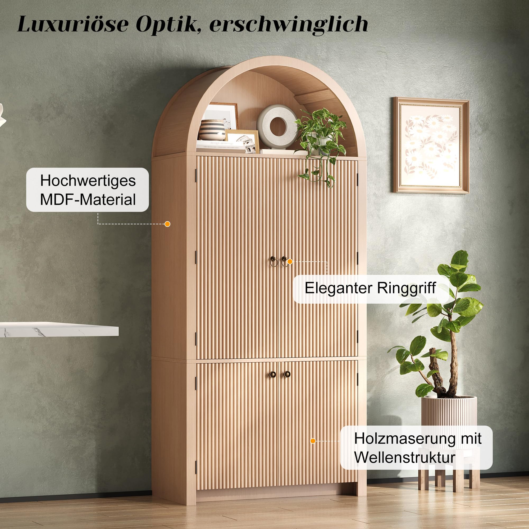 BTM Küchenschrank mit Türablagen und Offene Vitrine, Minimalistisch Bogenschrank Wohnzimmerschrank 180cm Holzoptik
