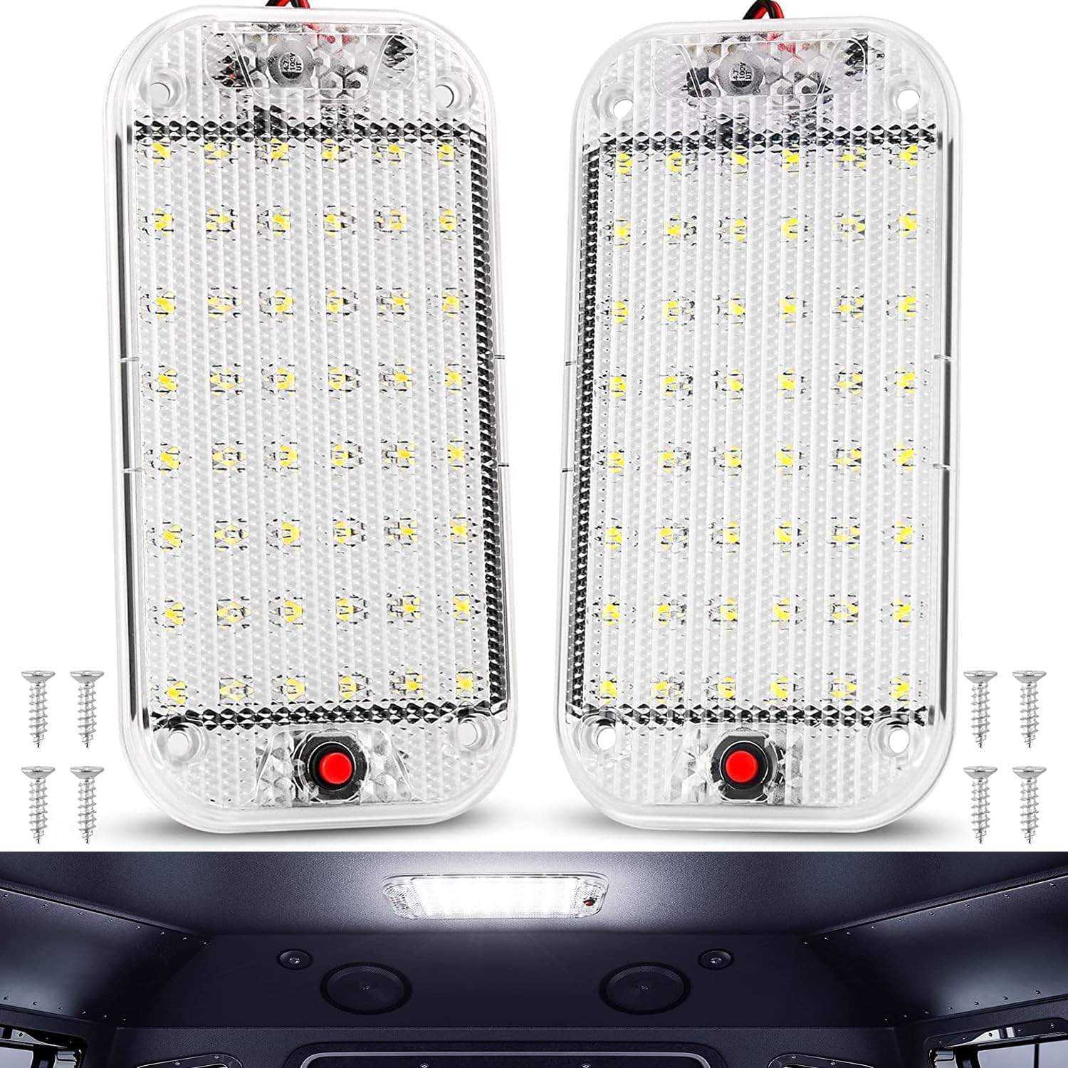 X spring Car LED Lights Interior, 2PCS 10W 48 LED Universal Bright Interior Light with on or off Switch, Bright Crystal Dome Ceiling Light for Car Van Truck Lorry Camper Boat Caravan Motorhome