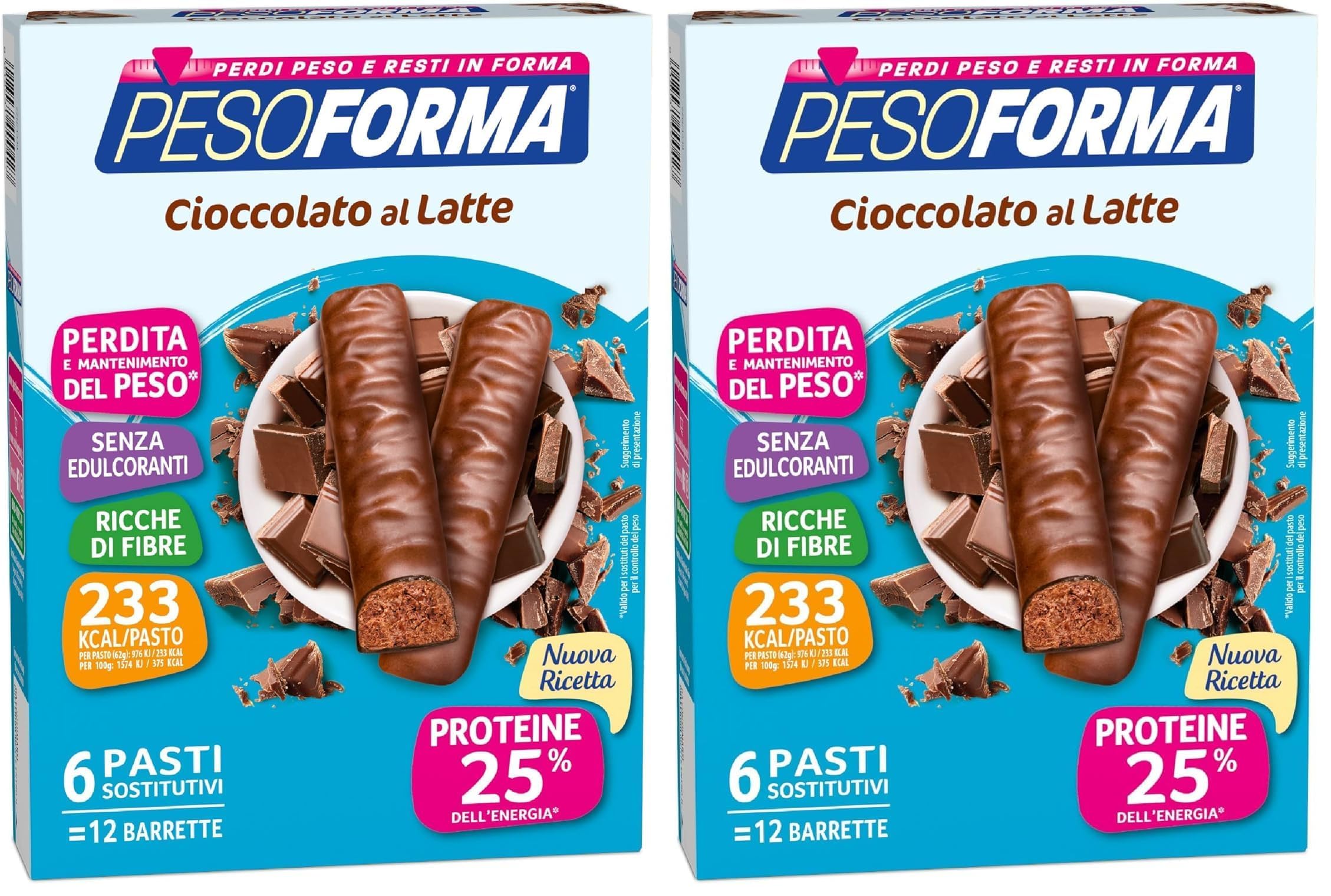 Pesoforma Barrette Cioccolato al Latte, Pasti sostitutivi dimagranti, SOLO 233 Kcal, Ricco in proteine, 6 pasti (Confezione da 2)