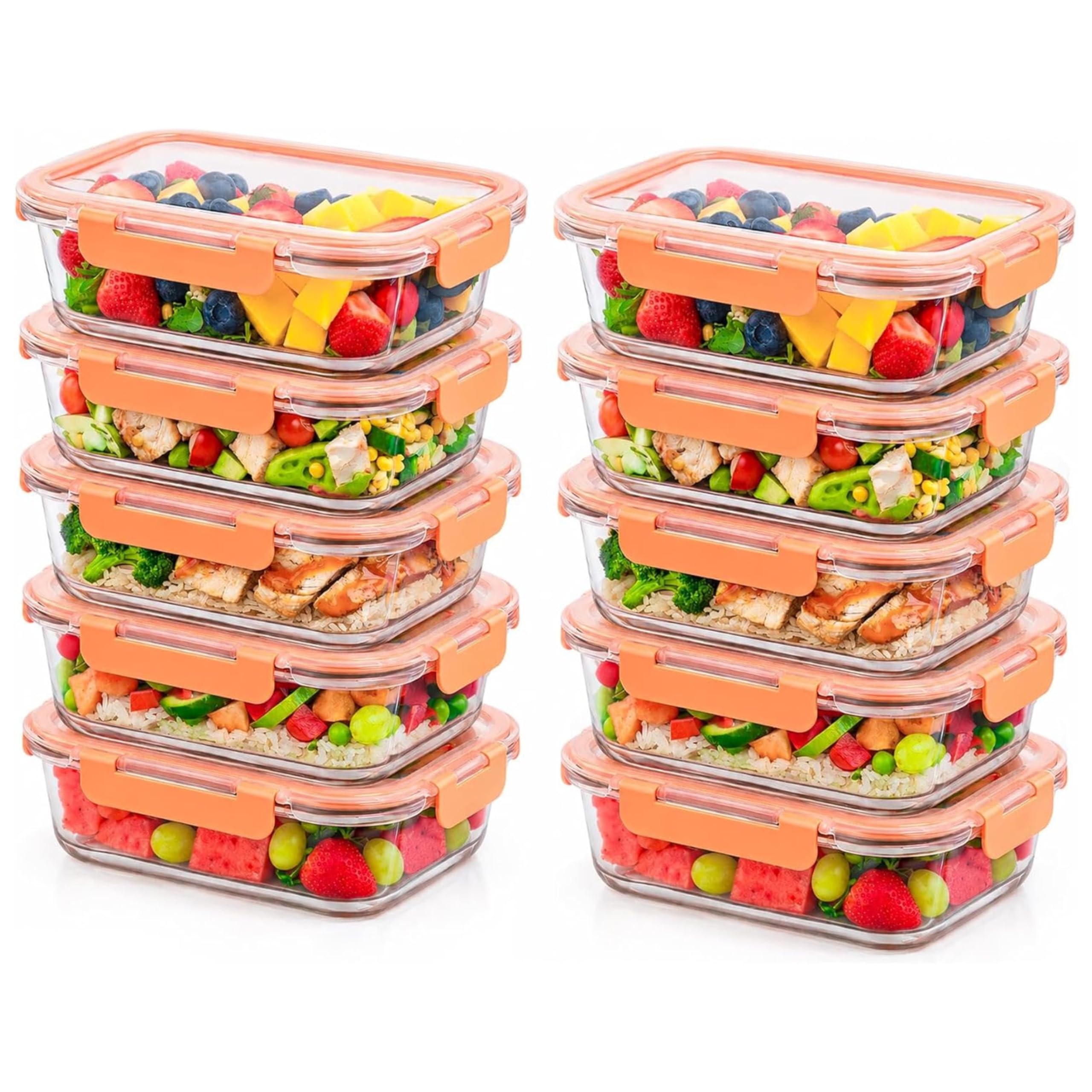 Innoteck Orange Glass Food Storage Container Set with Airtight Locking Lids (1040ml each) – Rectangular Borosilicate Meal Prep Boxes, Leakproof & Dishwasher Safe - Pack of 10