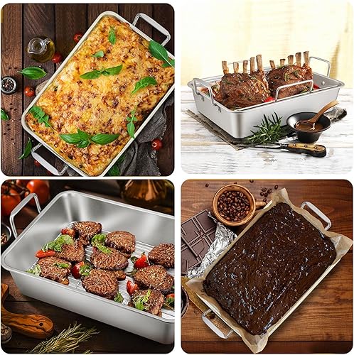 Miniatura 4 de P&P CHEF - Sartén para asar de 16 pulgadas con estante, 7 piezas de acero inoxidable para asador de lasaña con estante de enfriamiento plano y en