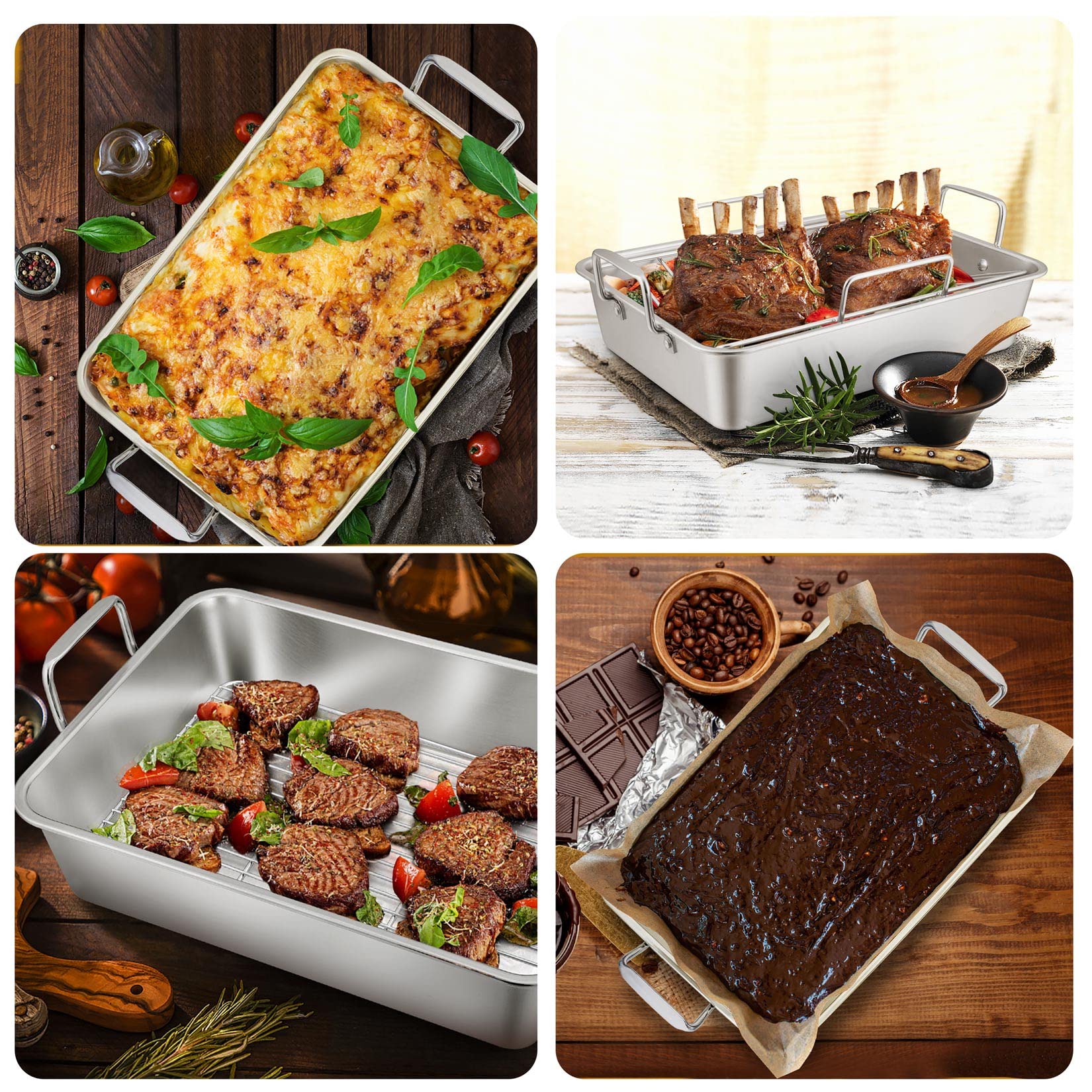 Sartén para asar de 15 ¼ pulgadas con rack, 7 piezas P & P CHEF tostadora de acero inoxidable con bandeja para hornear plana y en forma de V, soporte para pollo a la parrilla, garras para triturar
