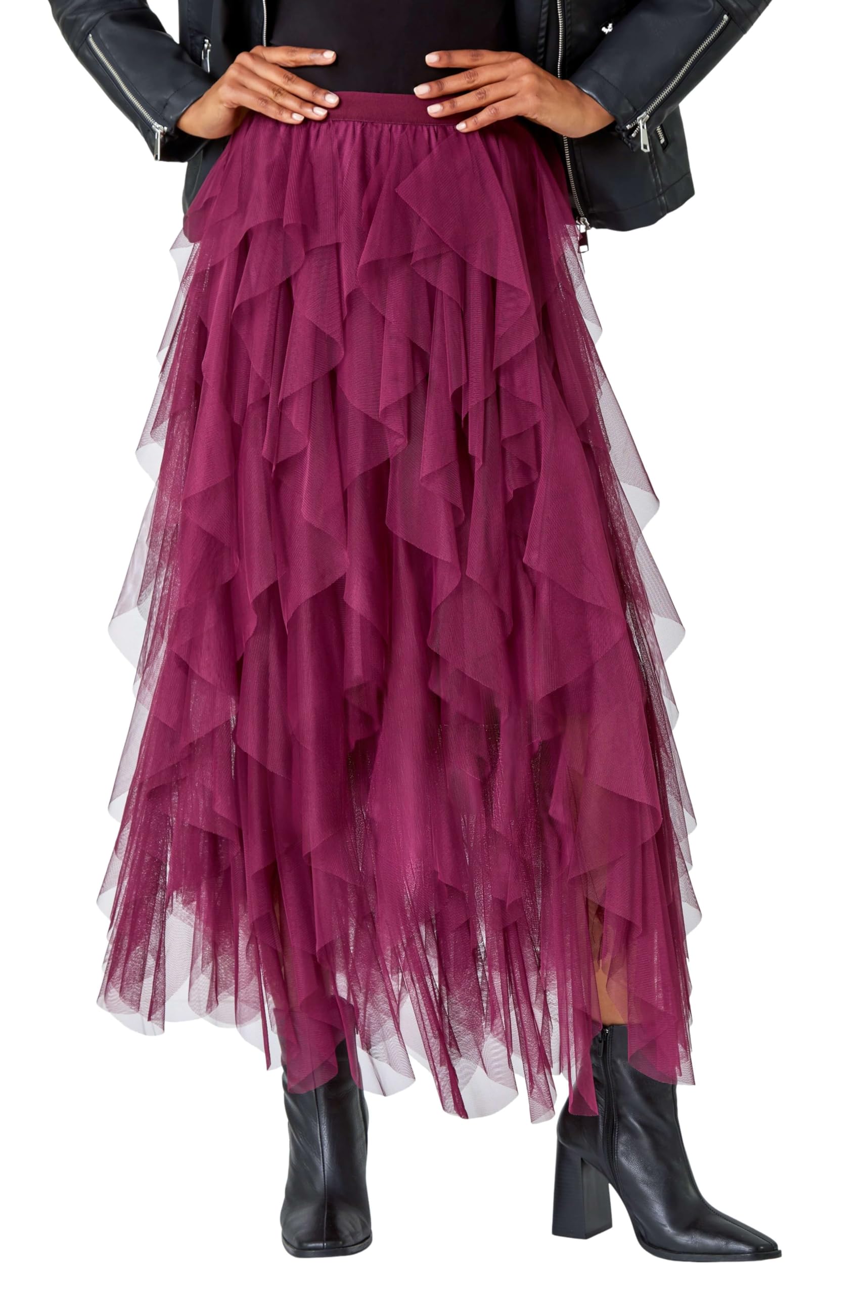 Roman Women's Wine Elasticated Mesh Layered Skirt Size 12