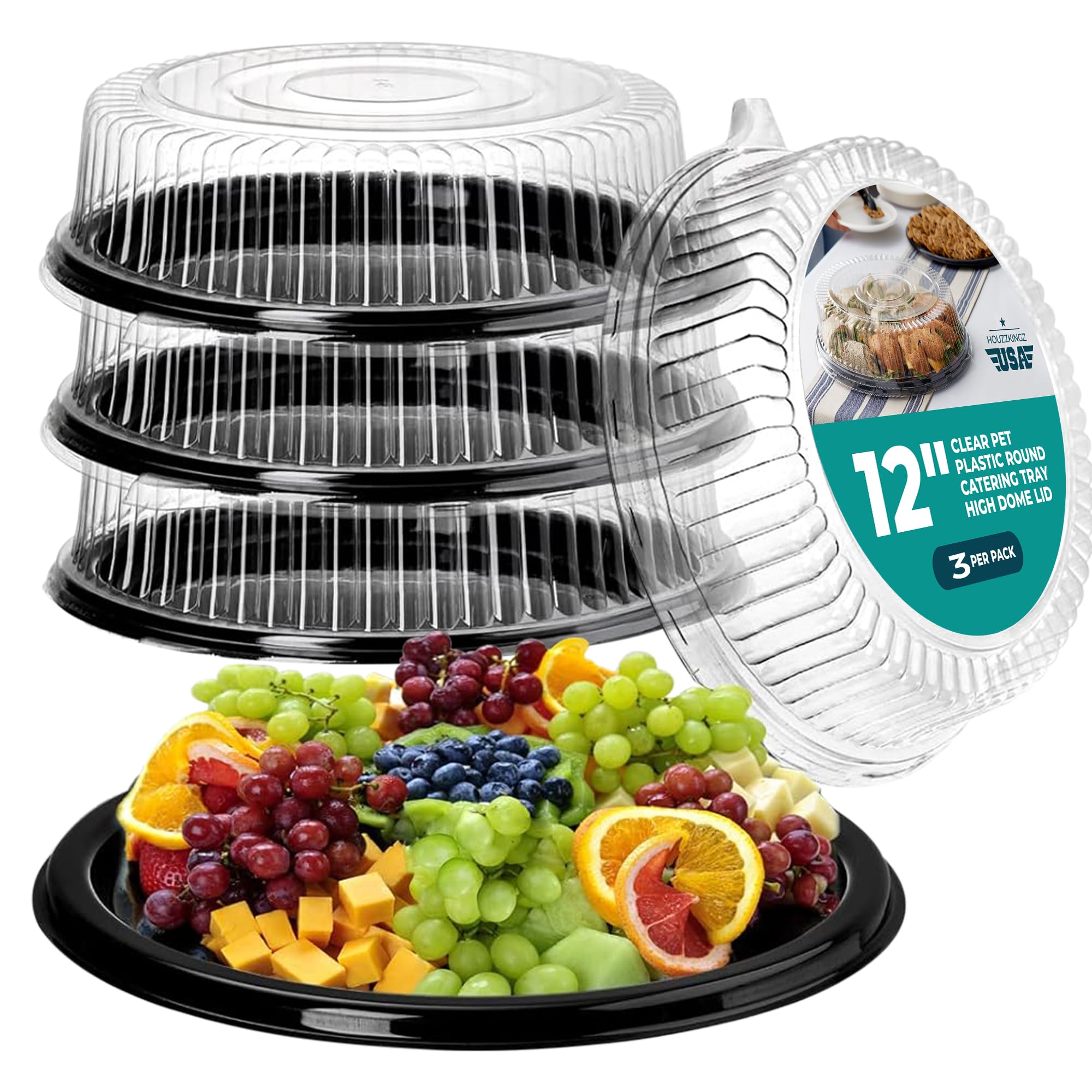 12" Catering Trays With Lids [3 Pack] - Black Serving Tray, Clear Lid, Plastic Disposable Round Party Platters, Flan Containers, Dessert Sandwich Cookie Food Trays for Parties