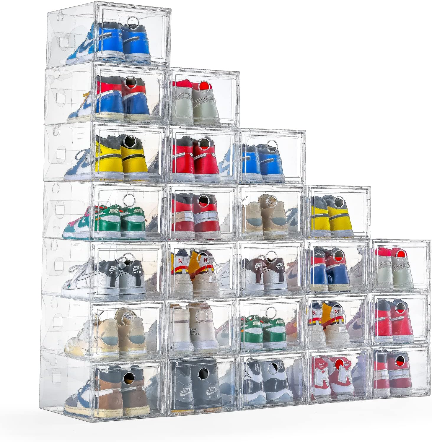 MMBABY12 Pack Shoe Storage Box Clear Plastic Stackable Drop Front Shoe Organizer Space Saving Foldable Shoe Container Bin Fit up to US Size 12 (transparent)