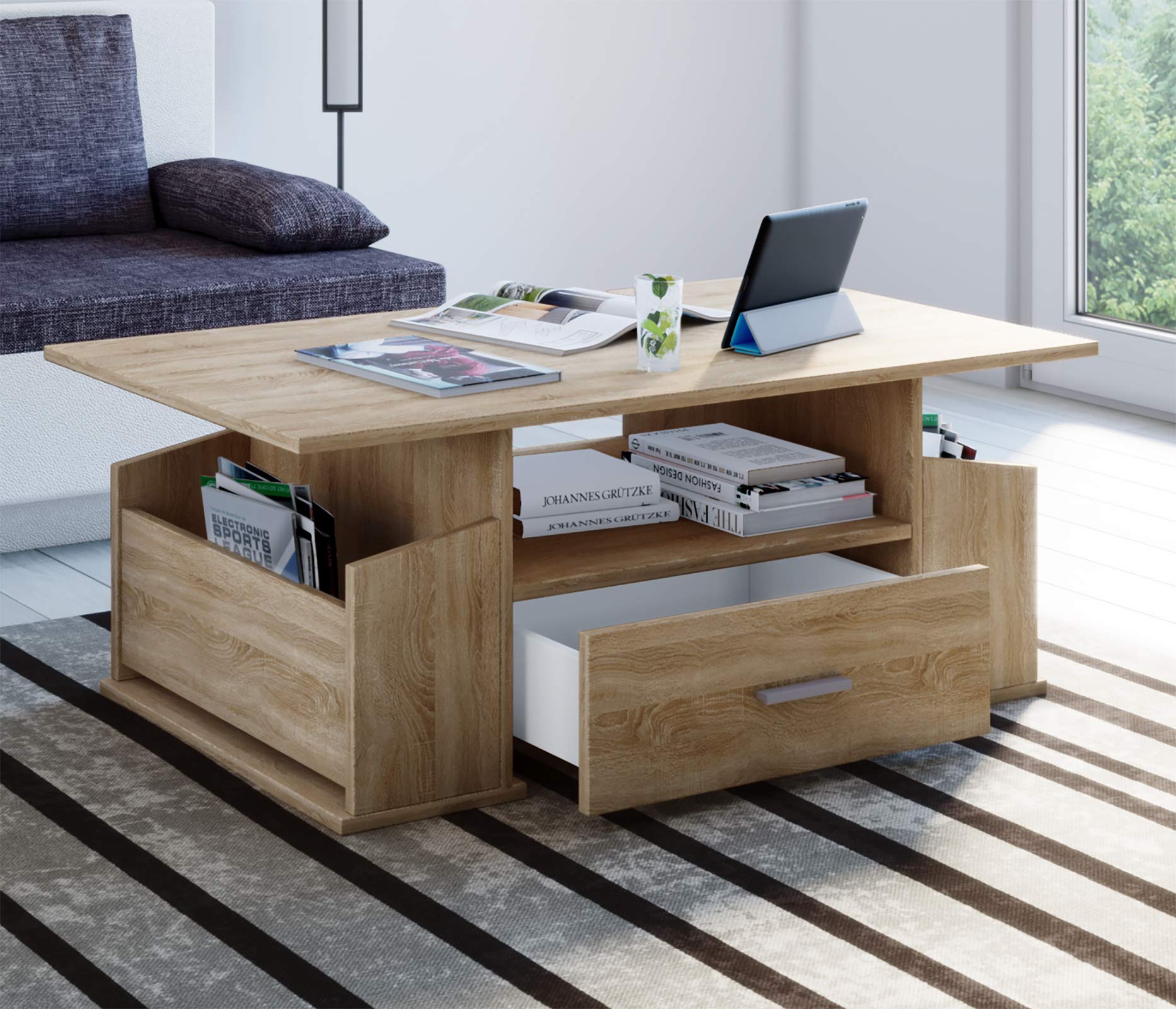 VCM Holz Couchtisch mit ausreichend Stauraum | Maße ca. H. 44 x B. 110 x T. 52 cm | Wohnzimmertisch mit Schublade - Junata Sonoma-Eiche (Sägerau)