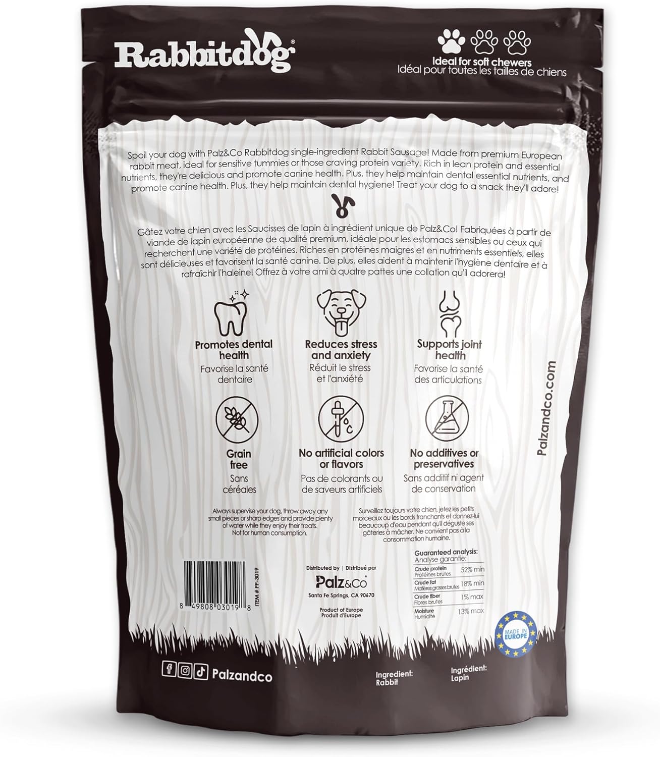 Palz&Co Rabbitdog Rabbit Sausage Dog Treats - 20 Pack of All-Natural Grain-Free Chews for Dogs, Supports Dental Health & Hip and Joint Care, No Artificial Additives