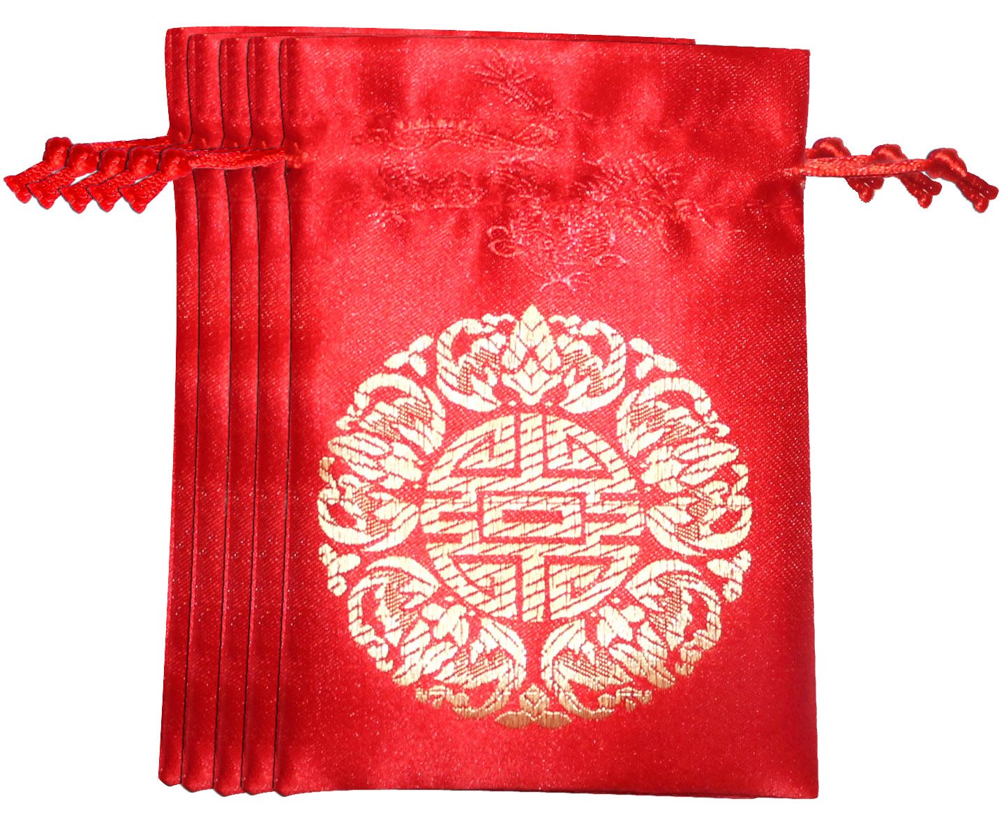 Lucore 5 Fortune Red Brocade Pouches - 5 PC Set of Chinese Silk Style Good Luck Fortune Gift Bags