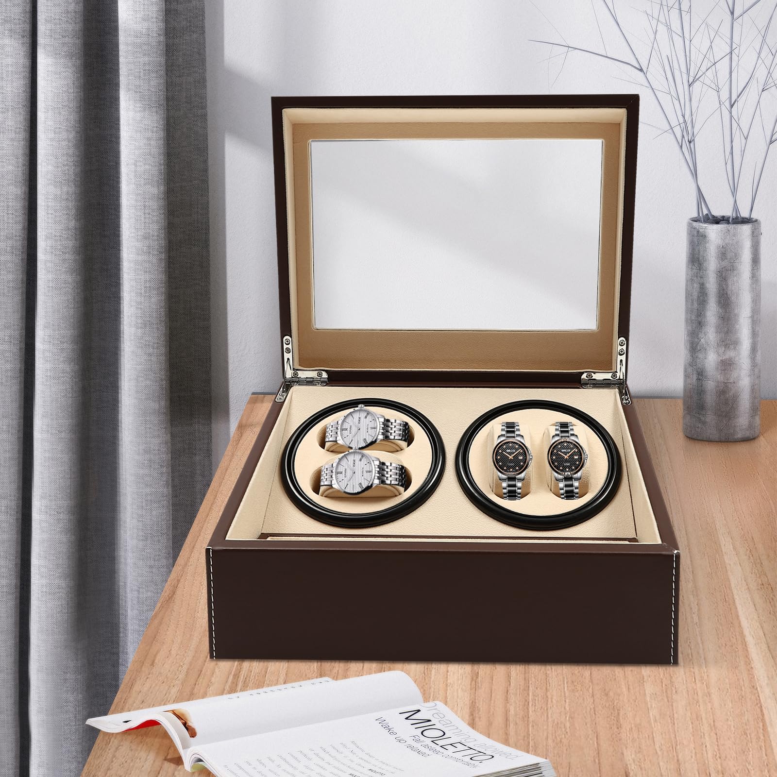 Remonoir Orologi Rotate Watch Winders Scatola Gioielli Stoccaggio Pelle PU Cassa Motore Silenzioso Esposizione Scatola Scatola Scatola Orologio Automatico Slot Uomo Valigetta Porta Custodia