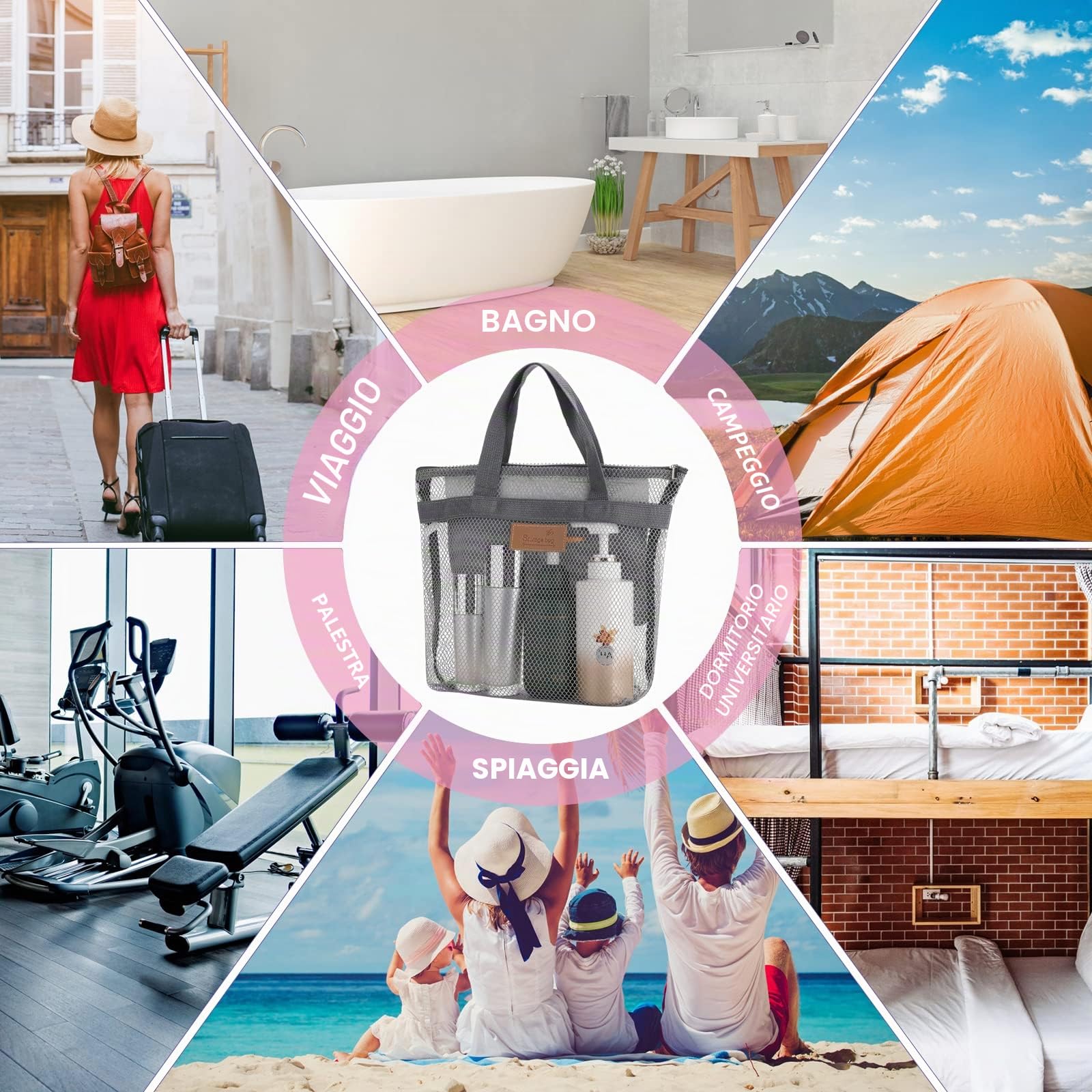 Borsa portaoggetti da doccia portatile in rete con cerniera e 2 tasche, ad asciugatura rapida, organizer da bagno da appendere per viaggi, dormitori, palestra, campeggio, spiaggia, nuoto (grigio)