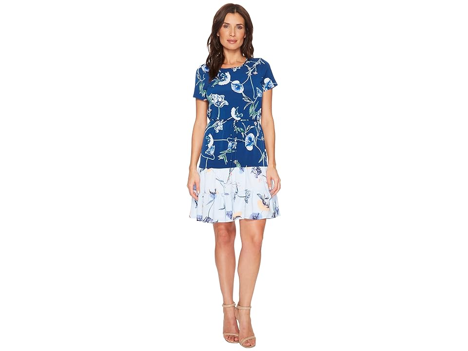 

Ivanka Trump Matte Jersey with Woven Ruffle Hem Dress (Santorini/Multi) Women's Dress, Blue