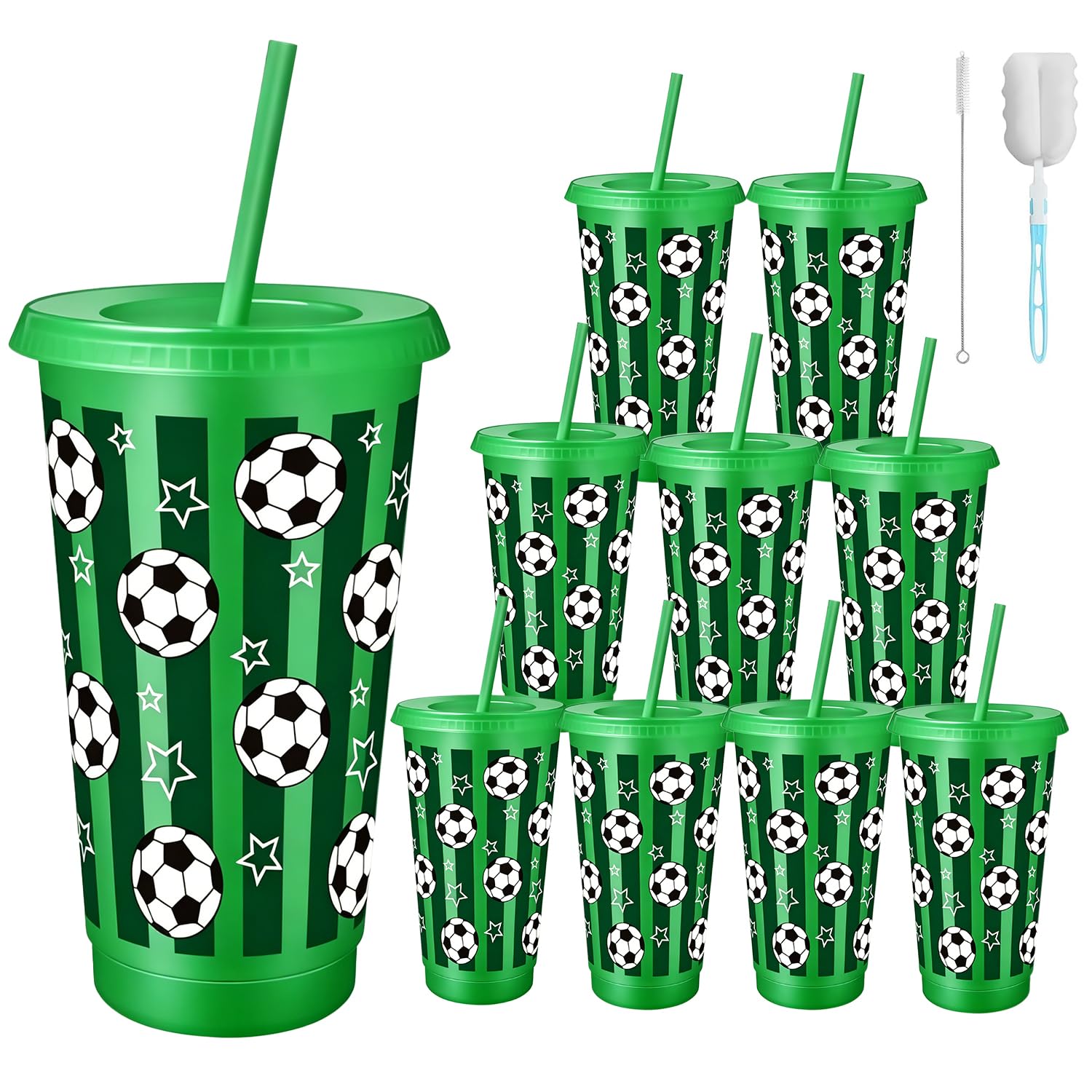 Weal4All 10 Pack 710ml Plastic Cups with Lids and Straws, 10 Pcs 24 oz Soccer Football Cold Cups Ice Water Coffee Tumbler Mugs for Home Travel Party Picnic and Pool Gathering