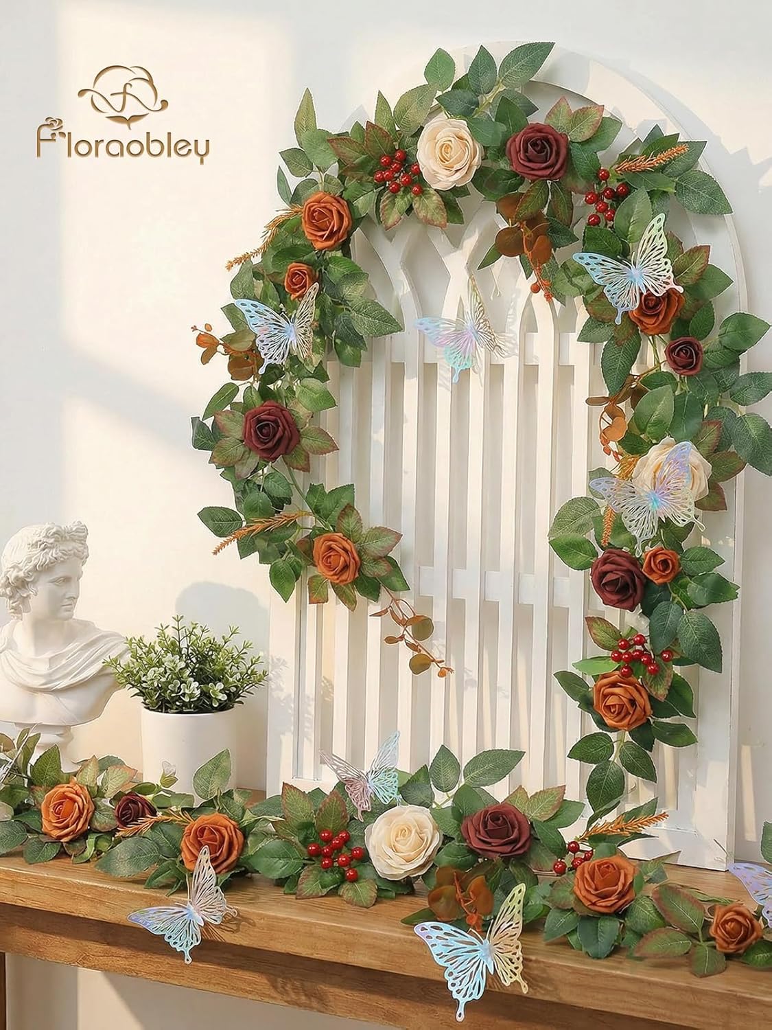 5.5FT Artificial Flower Garland Terracotta Rose & Greenery for Wedding Arch Backdrop Table Centerpiece Mantel Decor, with Rose String Lights & 3D Butterflies