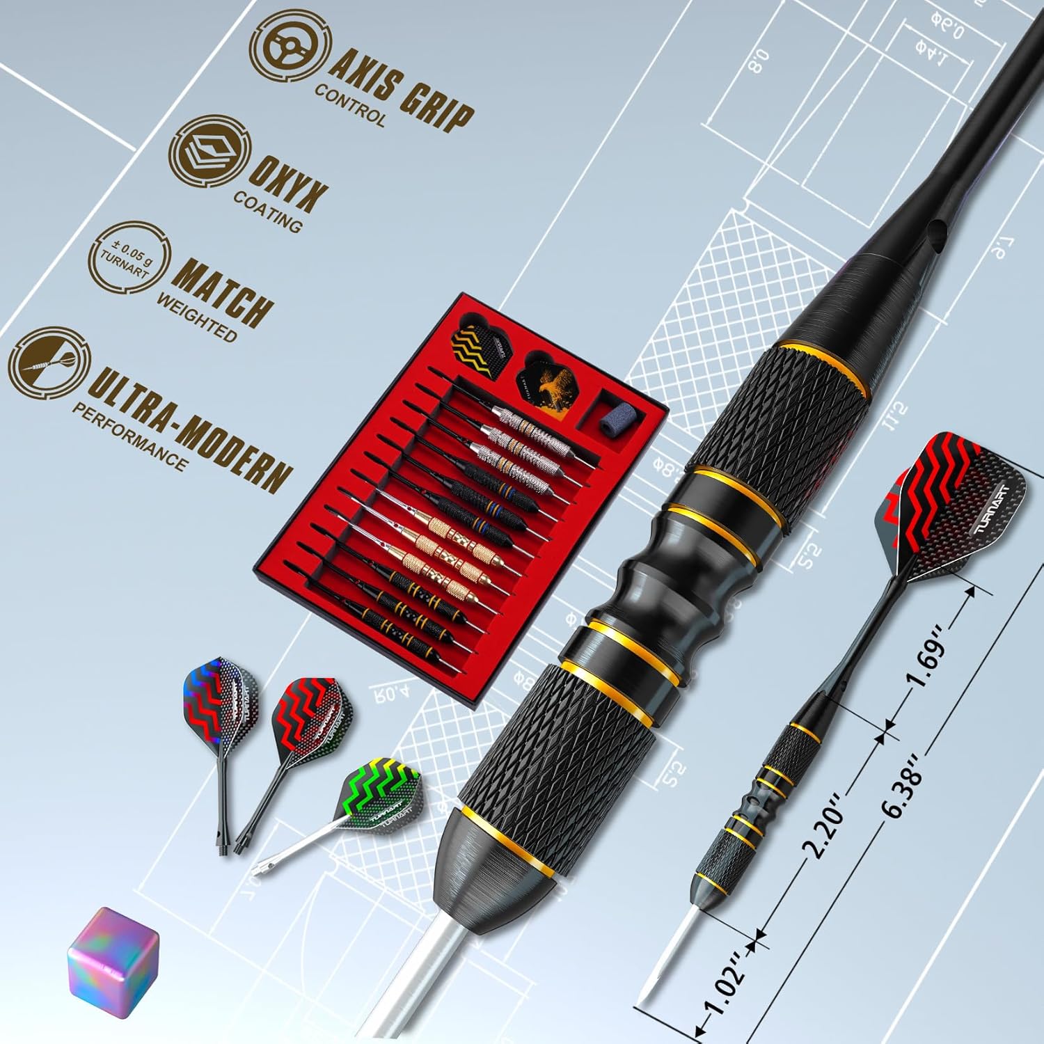 Turnart Darts Metal Tip Set - Steel Tip Darts Darts Set Professional Metal Darts Dart Board Set 12 Pcs 24 Gram 20 O-Rings Aluminum Darts Shafts 24