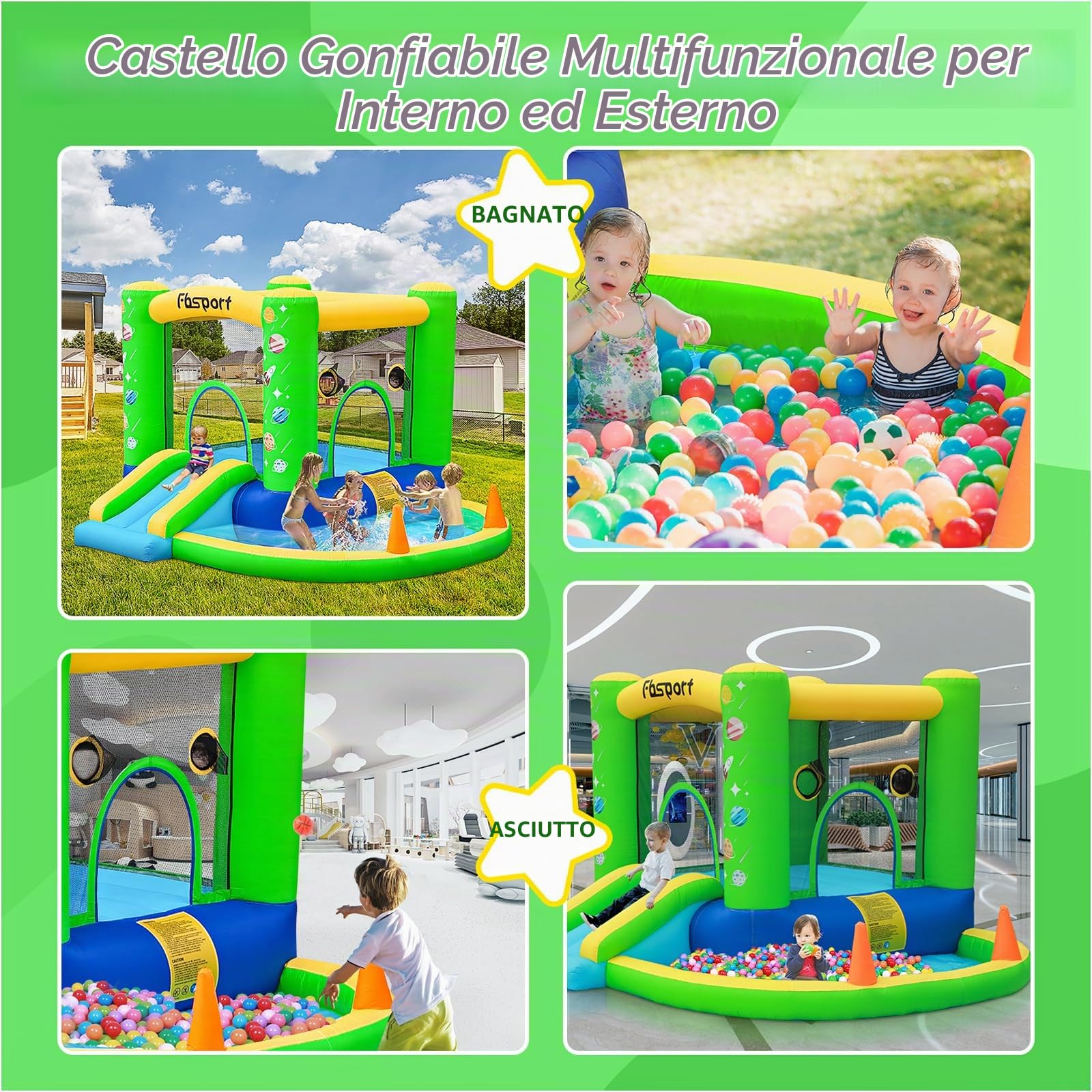 FBSPORT Castello Gonfiabile per Bambini con Ventilatore Piscina Gonfiabile con Scivolo Trampolino Piscina, Piscina di Palline oceaniche Parco Acquatico per Bambini