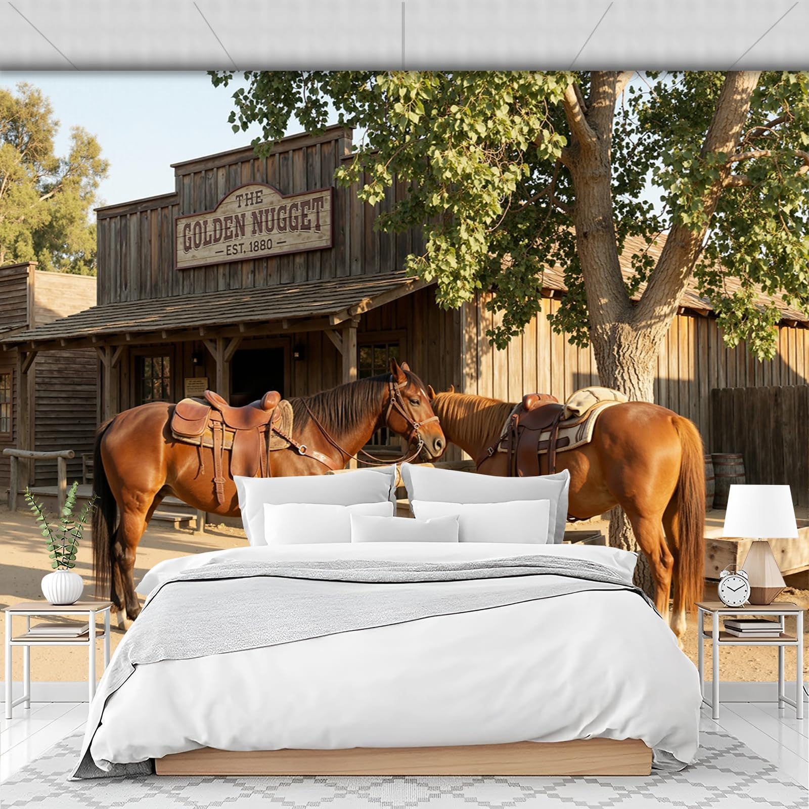Papel tapiz fotográfico Taberna Del Oeste Murales de dormitorio para niños Fondo de Poste Para Atar Caballos Pared Pintado Papel tapiz dormitorio de estar sala sofá mural- 400 x 280cm