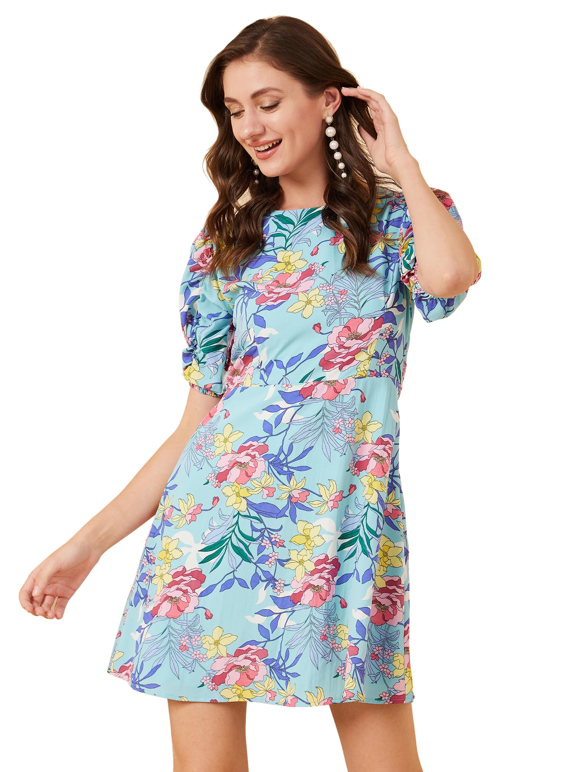 Rare Women's Crepe A-Line Mini Casual Dress (Ep7107A_Aqua_M)