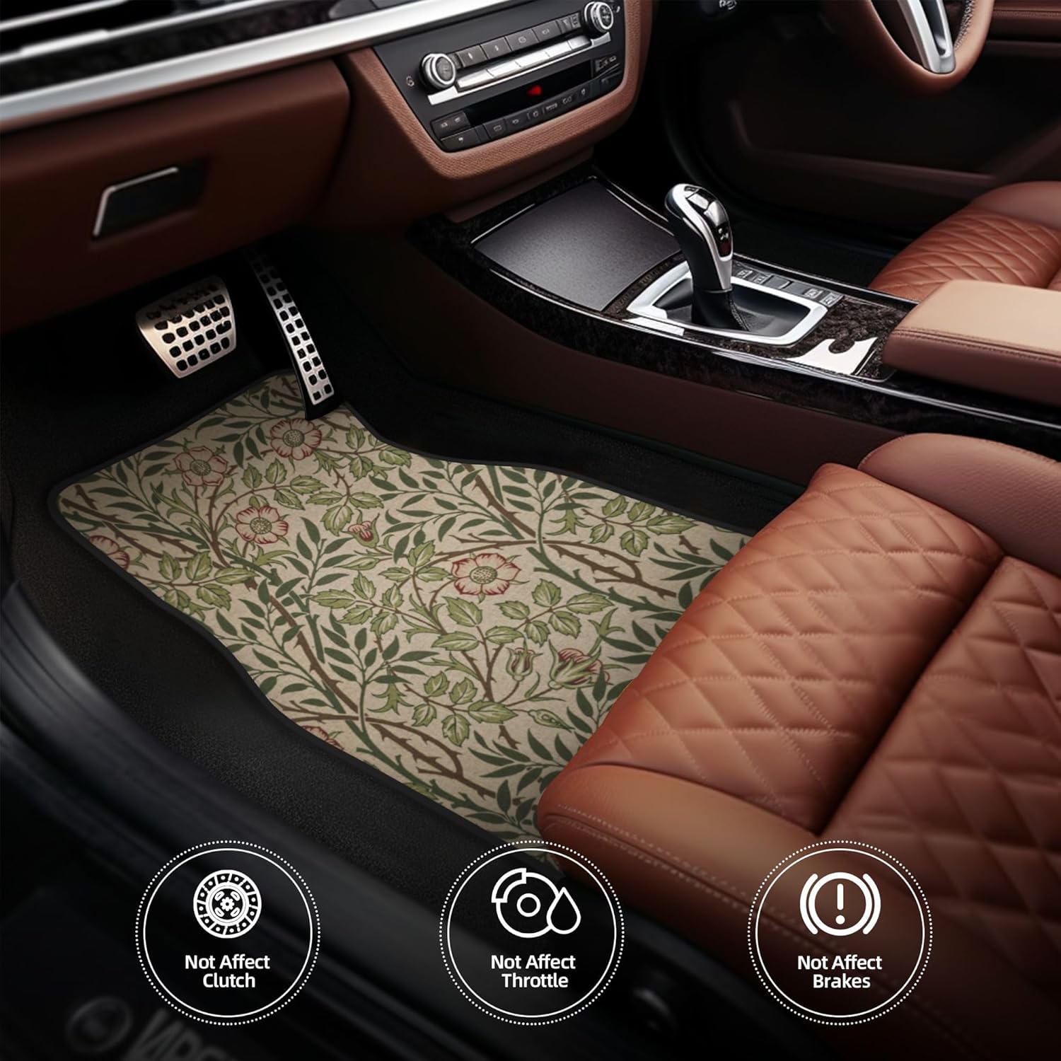 Luxury Car Floor Mats Full Set | Car Decor for Men Women | Vintage Floral William Morris Pattern | Heavy Duty All-Weather Universal Rubber Liners | Non-Slip & Odor-Free