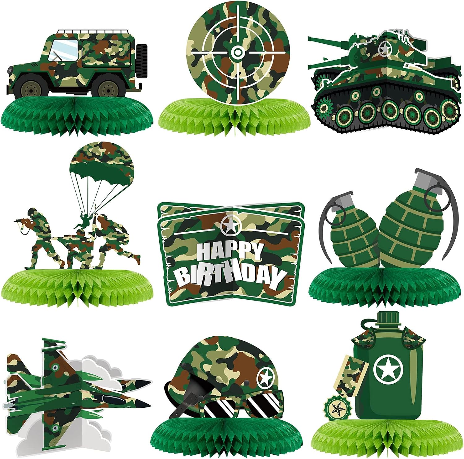 Tinlade 9 Pieces Army Party Decorations, Green Military Birthday Decorations, Camo Honeycomb Centerpieces for Farewell Party Welcome Ceremony, Boys Girls Baby Shower Birthday Supplies Decor Photo Prop
