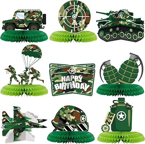 Tinlade 9 piezas de decoración de fiesta del ejército, decoraciones de cumpleaños de camuflaje, centros de mesa militares para niños y niñas, baby