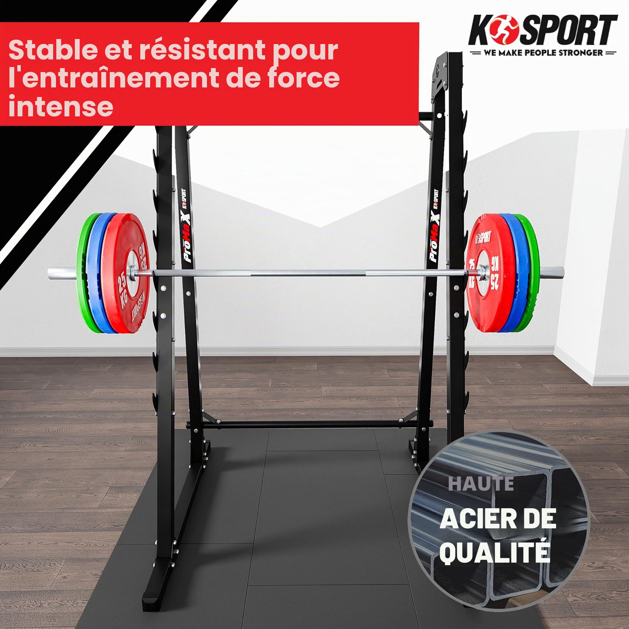 K-Sport: Porta bilanciere con dispositivo di sicurezza caricabile fino 280kg I Rack palestra per squat I Supporto bilanciere con barra di aggancio a 8 gradini I Rack bilanciere per squat, E-Book incl.