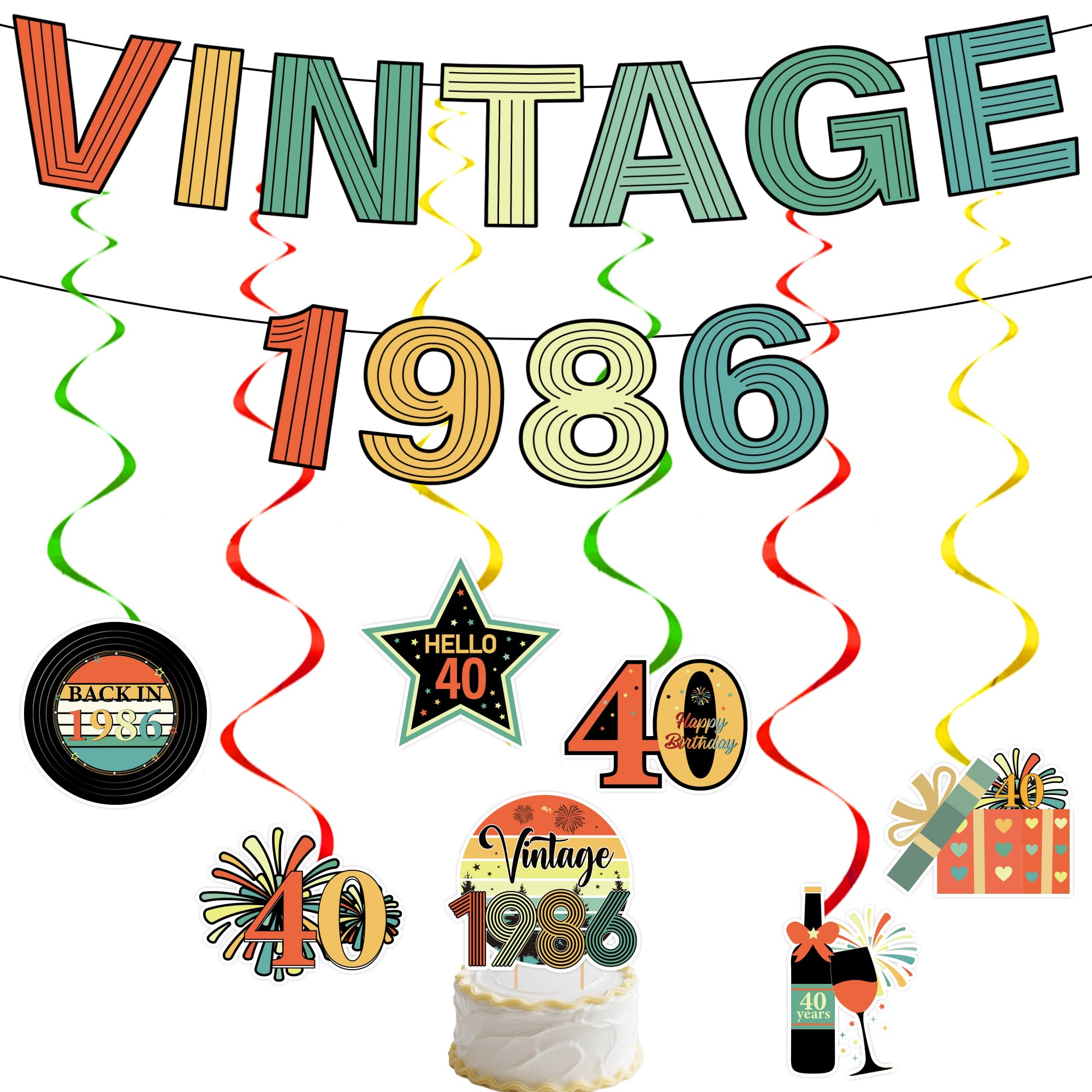 40th Birthday Decorations Women Men - 9 Pcs Vintage Birthday Decoration Including Vintage 1986 Banner, Cake Topper and Hanging Swirls for 40 Year Old Party Supplies