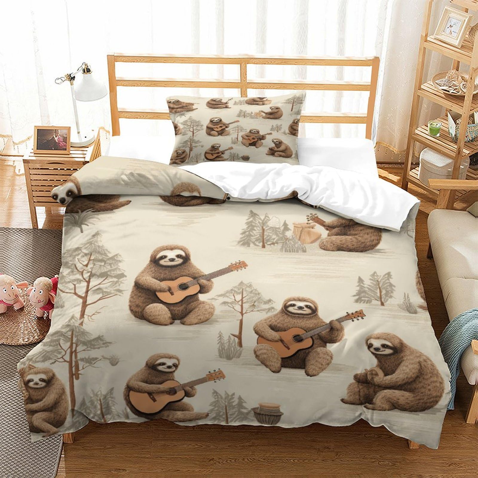 P1S9U7W5Y Charming Sloth Guitar 3D Printed Duvet Cover Set 3pcs Microfiber Sloth Bedding Set Single