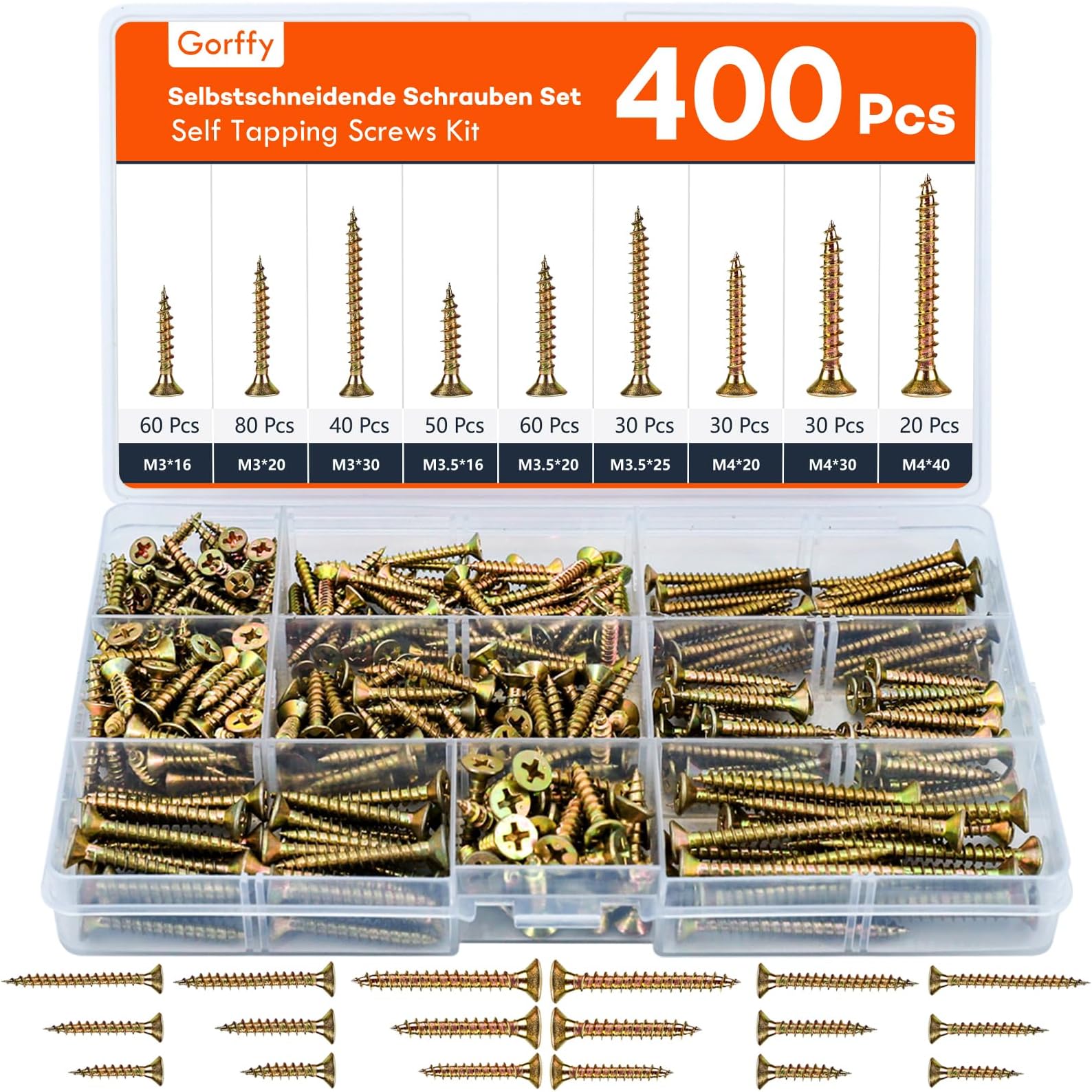Wood Screws, 400 PCS Color Zinc Screws, Countersunk Wood Screws Assortment, Multi Use High Performance Self Tapping Screw, Assorted Wood Screw For DIY, Furniture & Repairs
