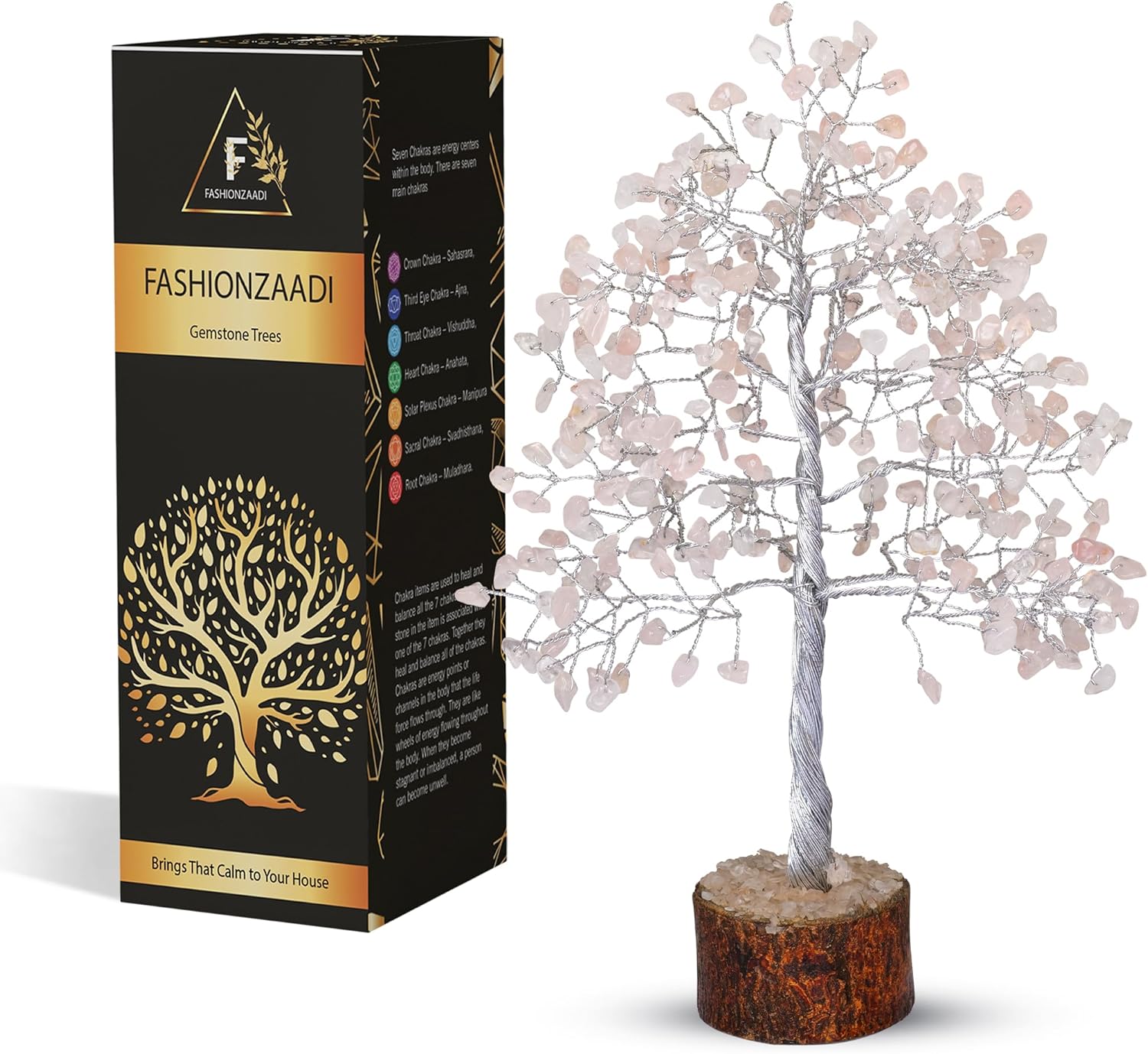 FASHIONZAADI Rose Quartz Crystal Tree, Silver Wire Feng Shui Gemstone Decor, Chakra Healing Stones Crystal Decor, Artificial Bonsai Money Tree, Good Luck Spiritual Gifts for Women & Men