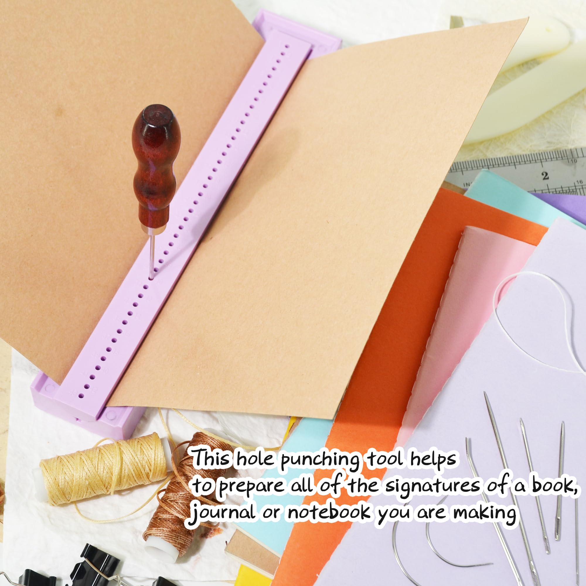 UPTTHOW 19 strumenti per punzonatura per rilegatura, con punteruolo e culla, ago, filo cerato, righello, cartella ossea, graffetta, kit per scrapbooking in plastica, per lavori fai da te, quaderni