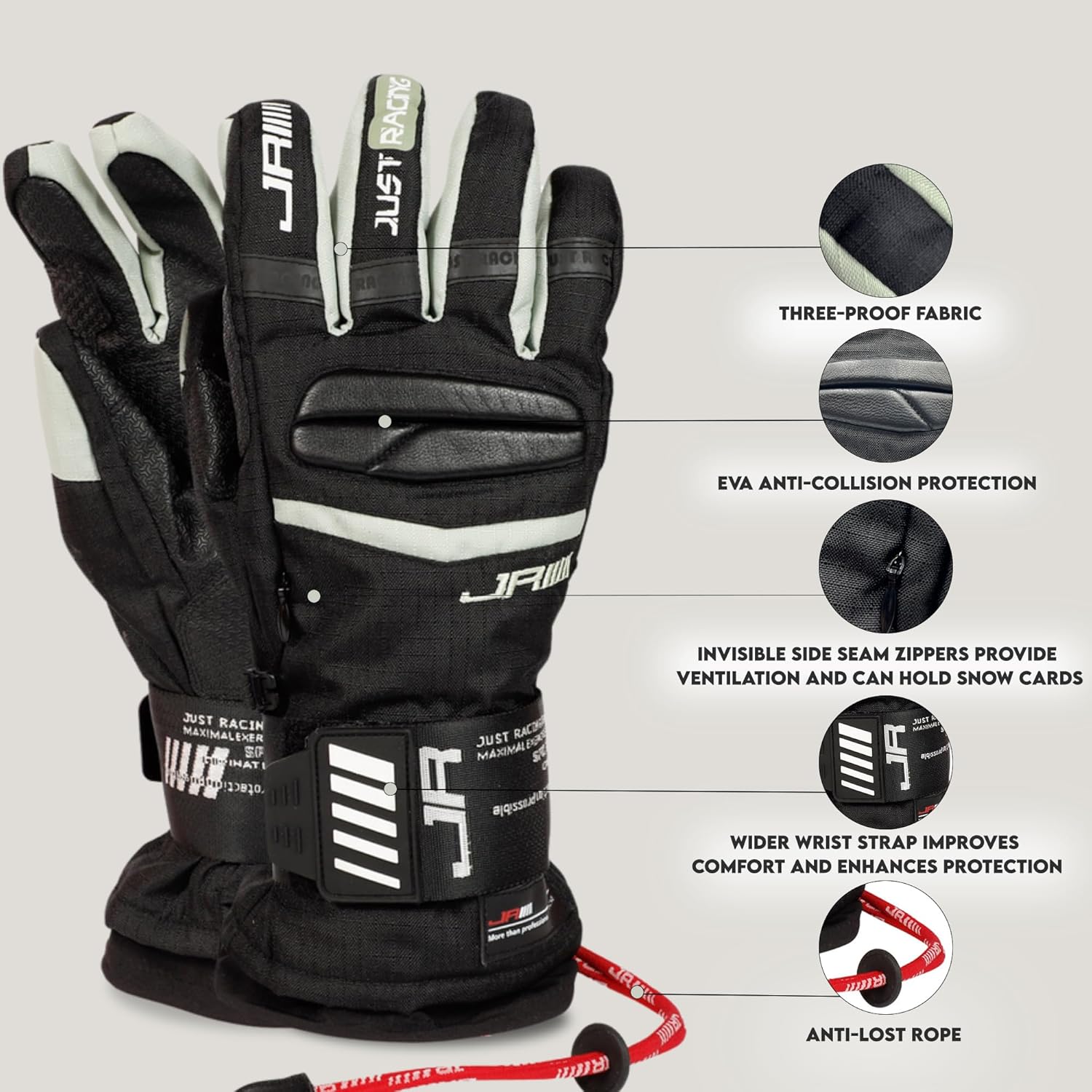 Waterproof Ski Gloves Women & Men with Quadruple Layer Protection, Thinsulate Insulation & EVA Anti-Collision, Breathable & Warm, Snow Stopper Wristband, Anti-Lost Rope & Zippered Pockets