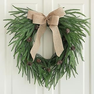 Plain Christmas Norfolk Pine Wreaths for Front Door 20 Inches, Real Touc...