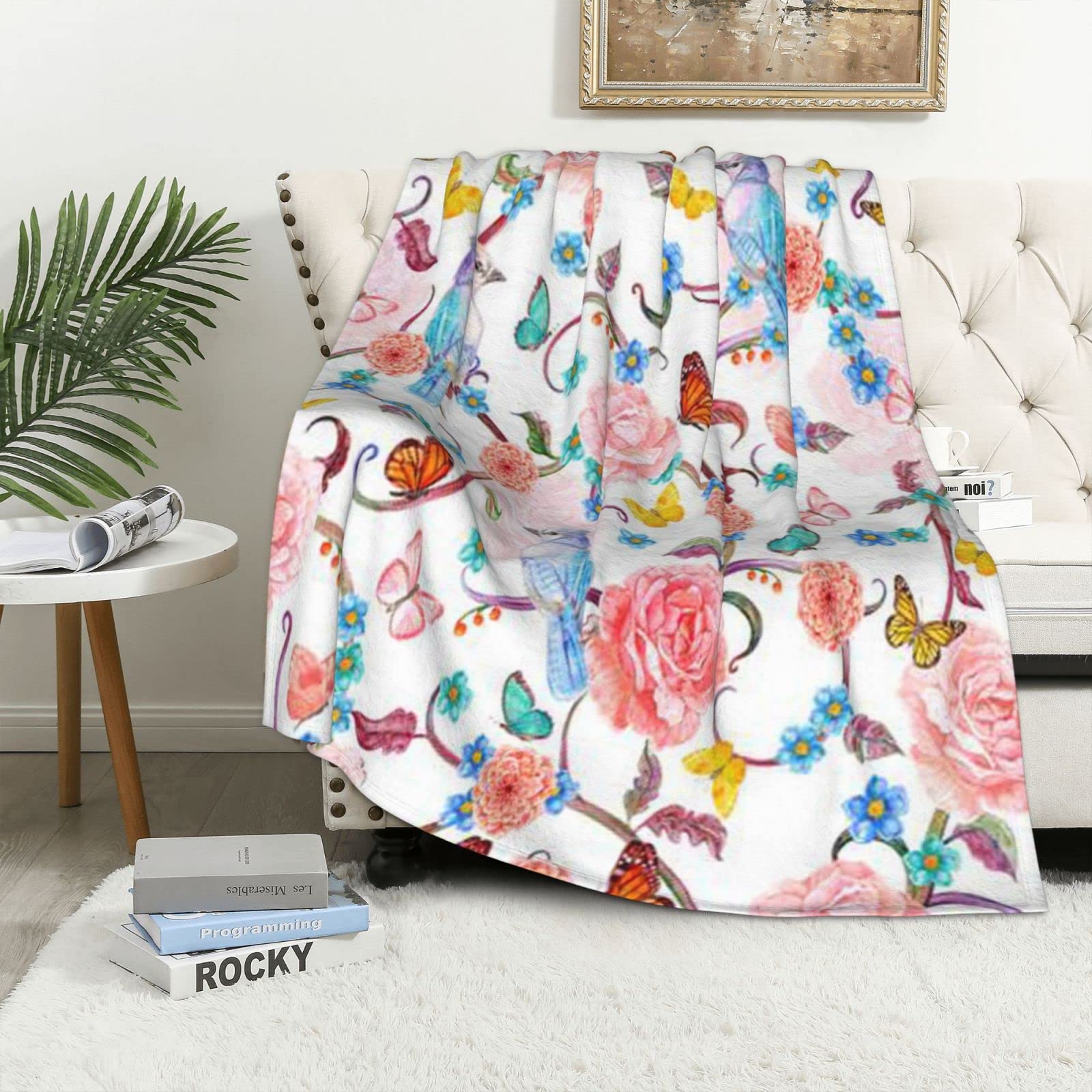Couverture en flanelle florale chic plaid doux motif oiseaux et papillons pour lit 100x150
