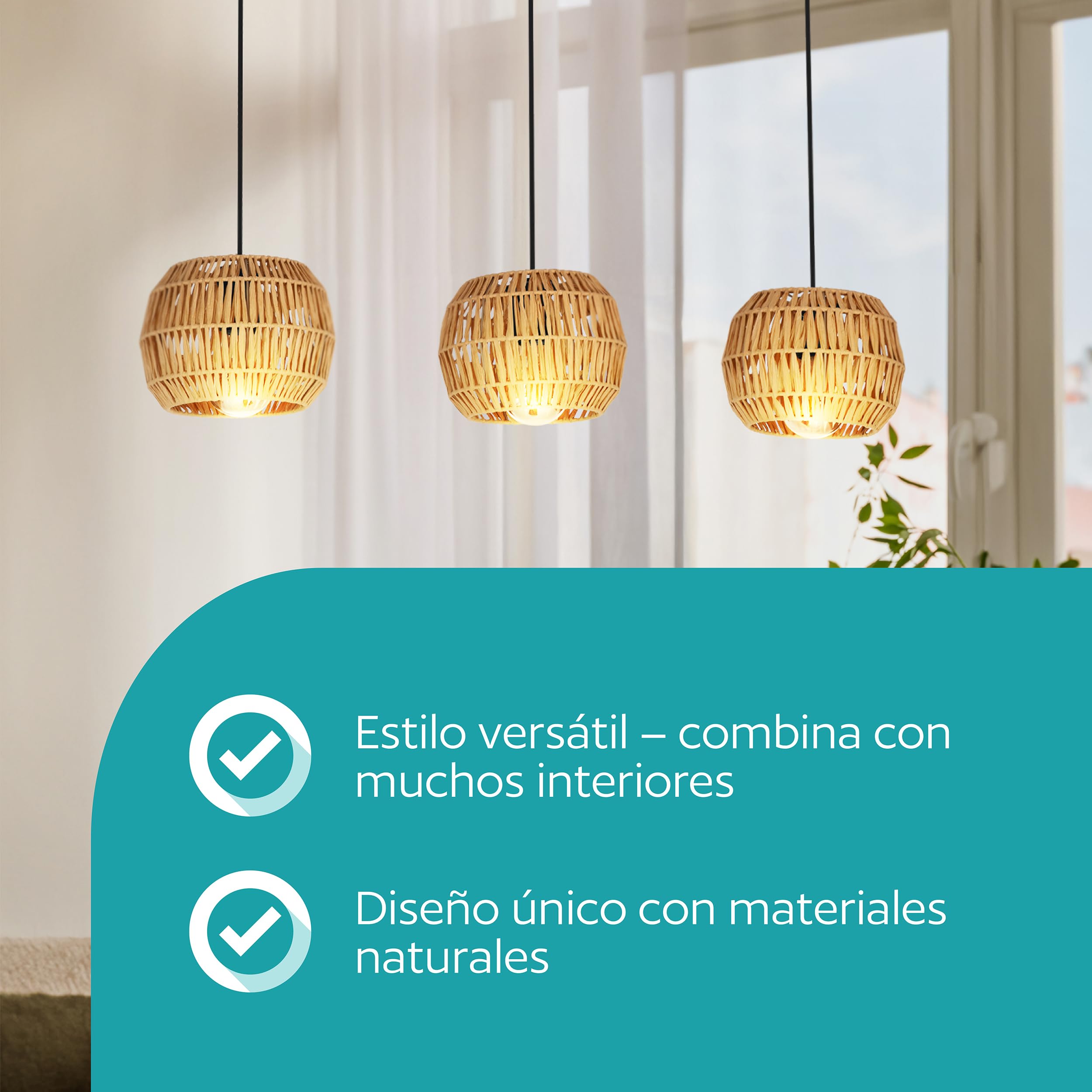 Eglo Sheldon Lámpara colgante de mesa de comedor, 3 focos, lámpara de mesa | de comedor, estilo bohemio, con pantalla de papel rafia, casquillo E27, 91 cm