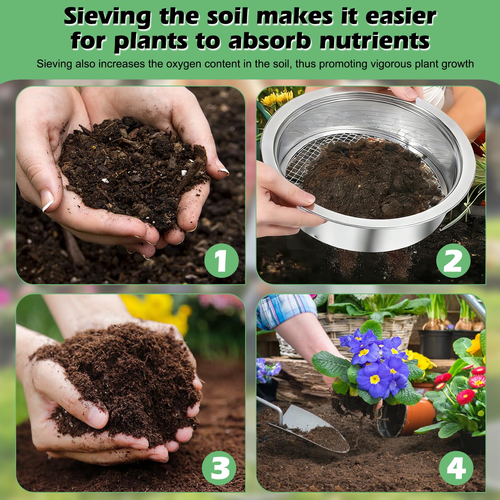 Juego de colador de jardín de acero inoxidable redondo de 20 cm con 5 tamices intercambiables y paleta, diámetro de 1, 3, 5, 7, 9 mm, colador de compost de acero inoxidable para tierra, piedras