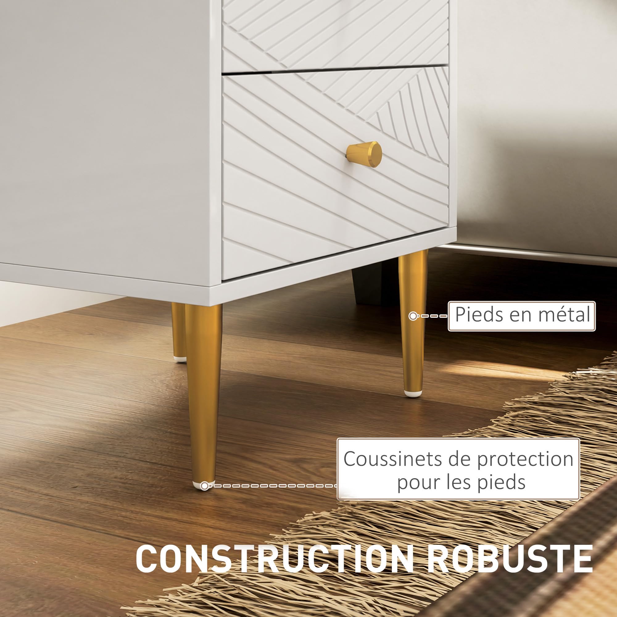 HOMCOM Table de Chevet avec 2 Tiroirs Pieds en Acier 40 x 35 x 50 cm Blanc
